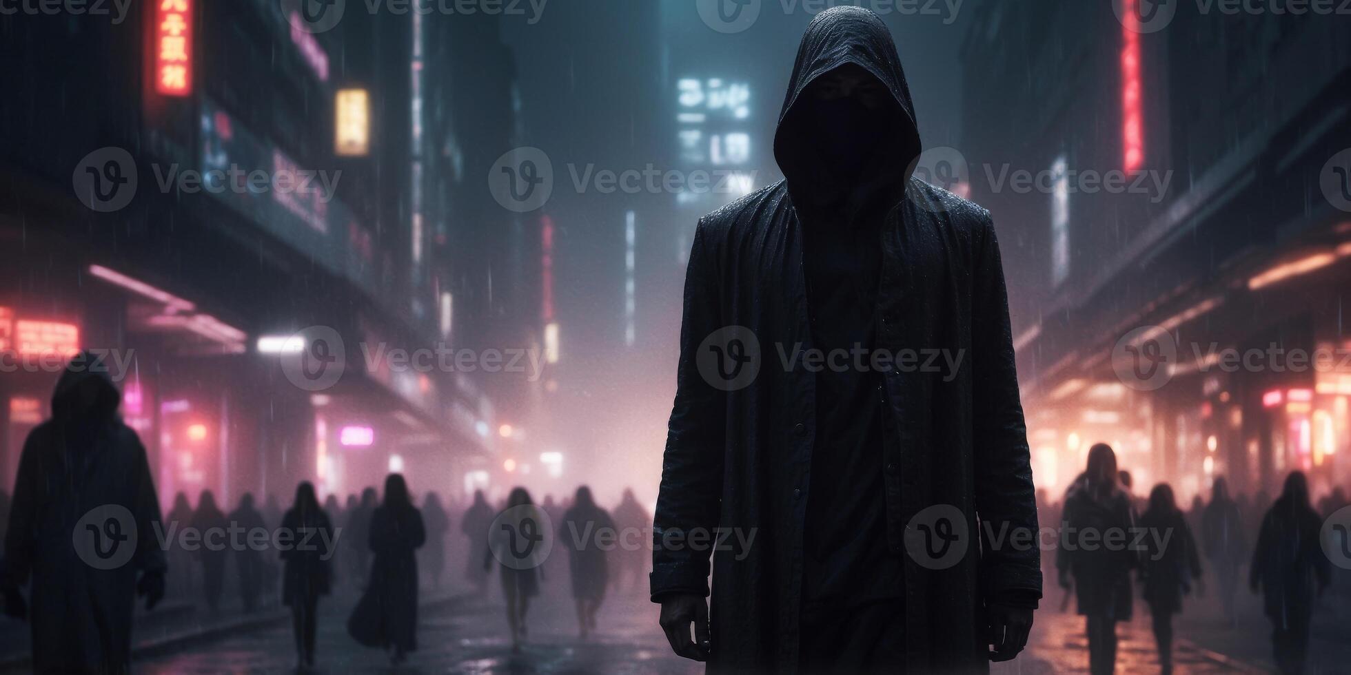 In the dimly lit back alleys of a futuristic city, a mysterious figure is shrouded in shadows, their silhouette blending seamlessly with the neon lights flickering in the background. photo