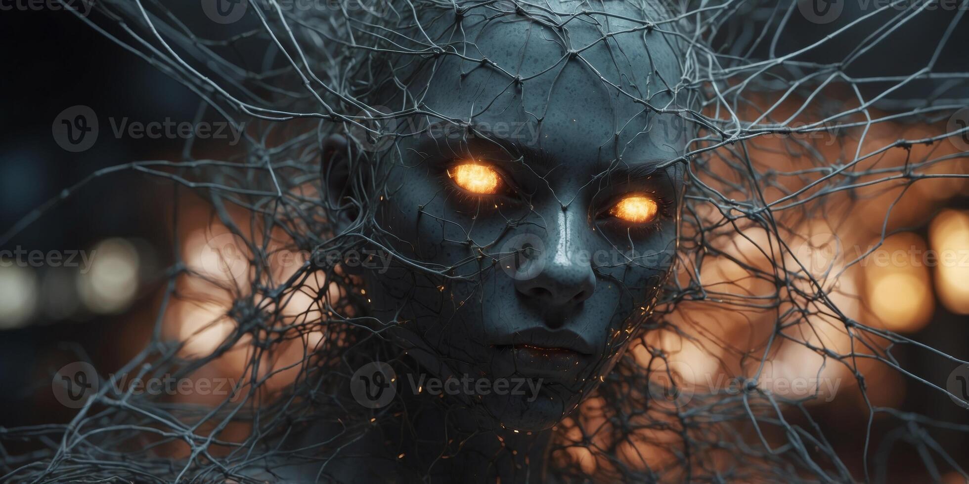 A grotesque neural network, pulsating with eerie energy, its tangled web of wires and nodes twisting and contorting in a chaotic dance. photo