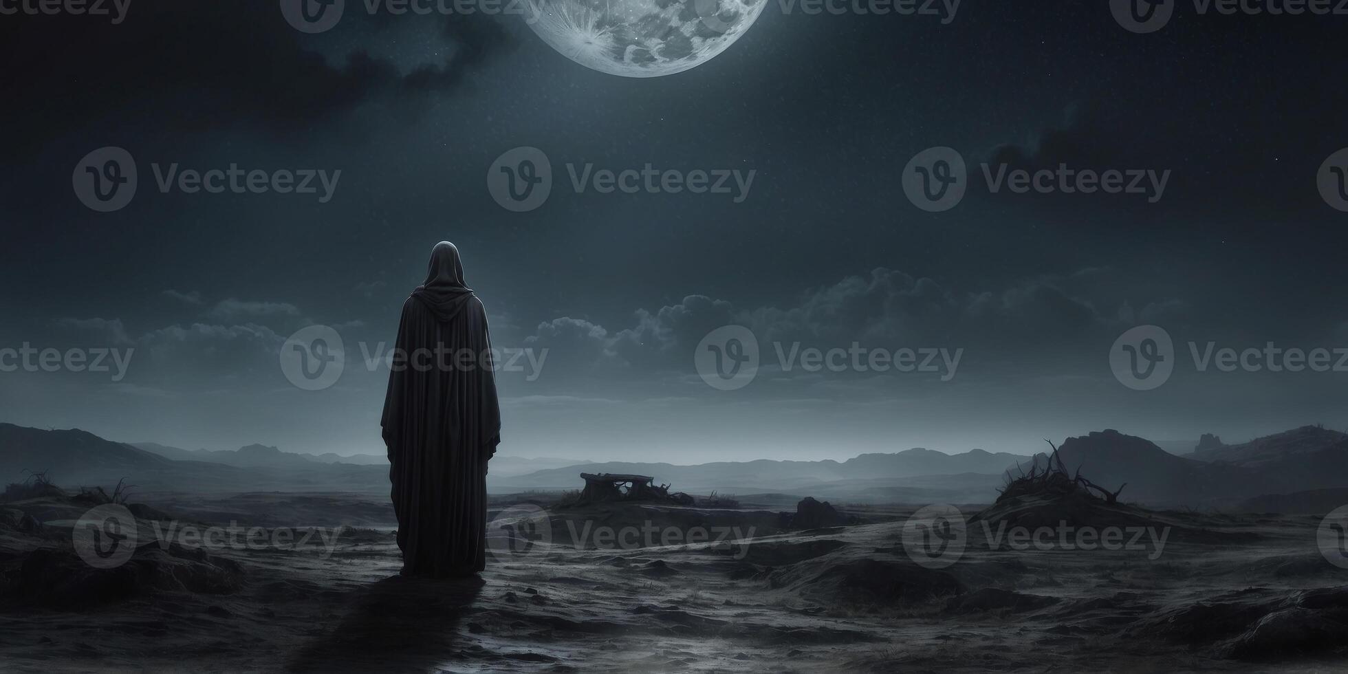 In the shadows of a cimmerian lunar parallel universe, a lone figure stands amidst a desolate landscape, bathed in the eerie light of a distant moon. photo