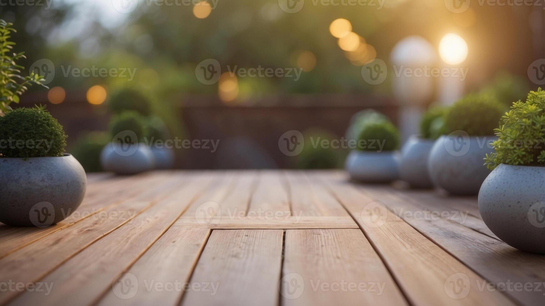 Modern minimalist patio with wooden deck and gravel garden. photo