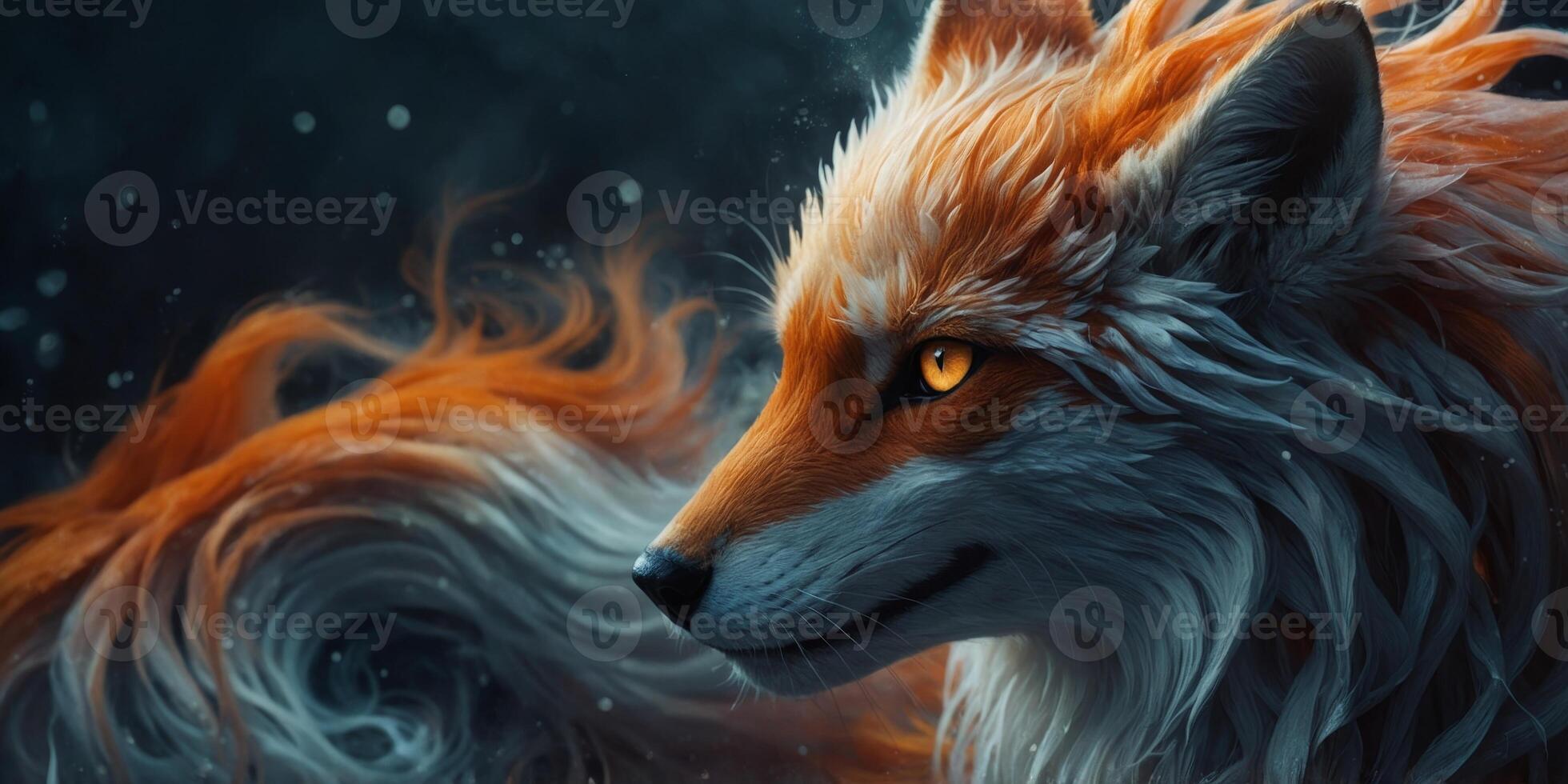 A spectral, ethereal kitsune materializes from shadows, its nine tails flickering with ominous energy. photo