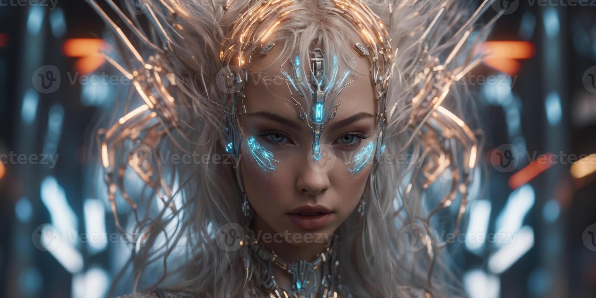 In a visionary depiction, a technologically-enhanced kitsune stands with ethereal grace, her nine tails shimmering with glowing circuits and holographic patterns. photo