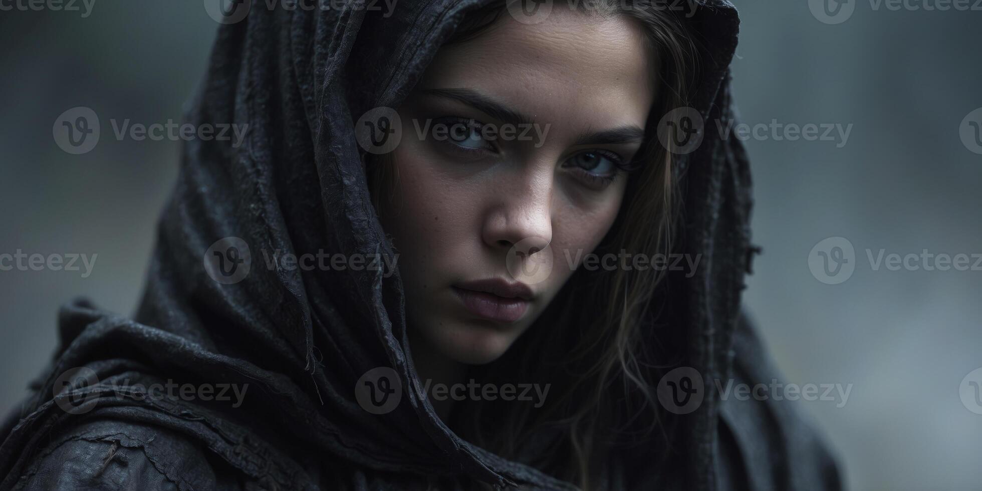 In the dimly lit expanse of the void, a mysterious figure emerges, clad in tattered noir-inspired attire and a cloak as dark as the abyss itself. photo