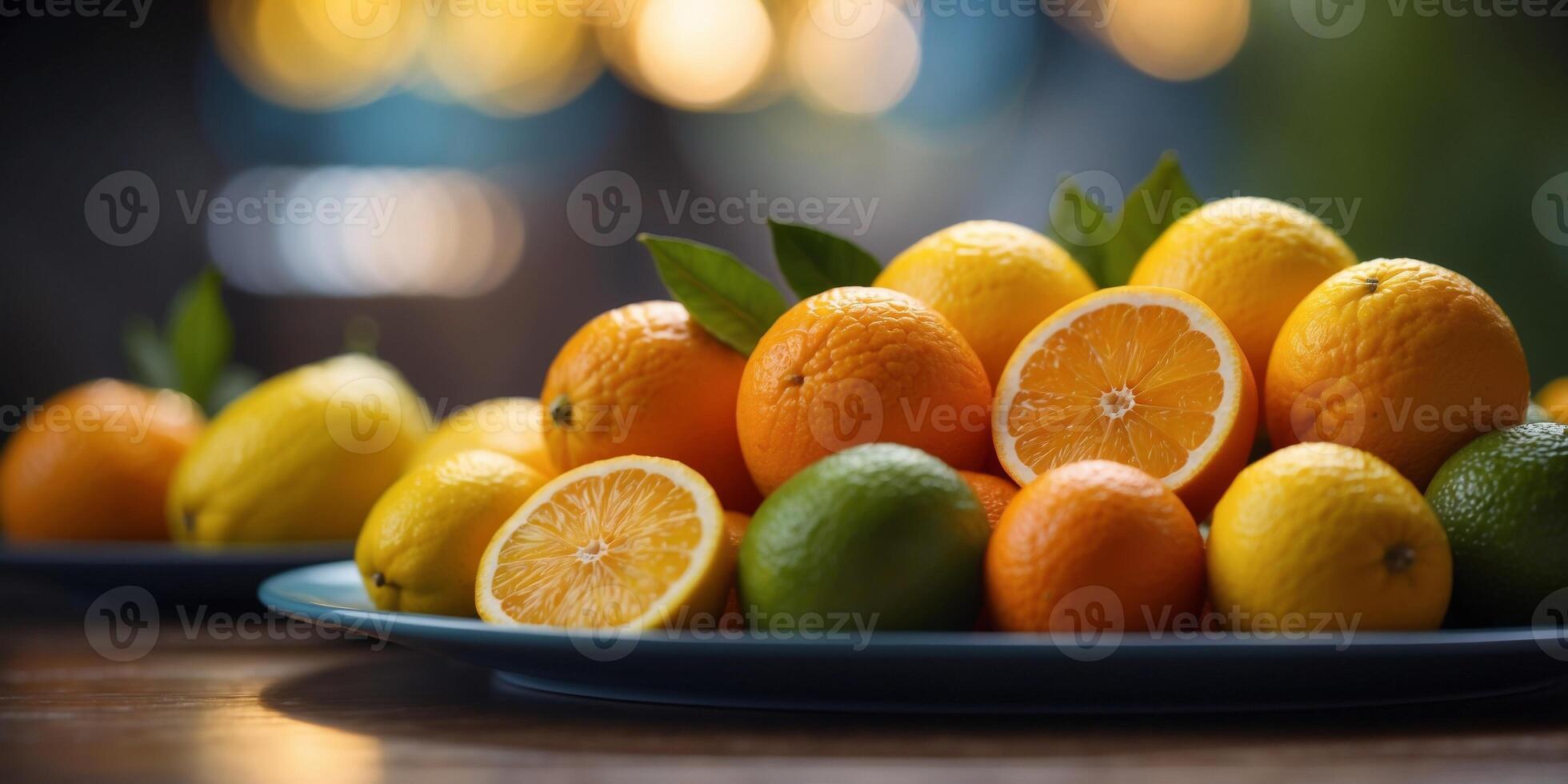 Assorted citrus fruits on colorful plates. photo