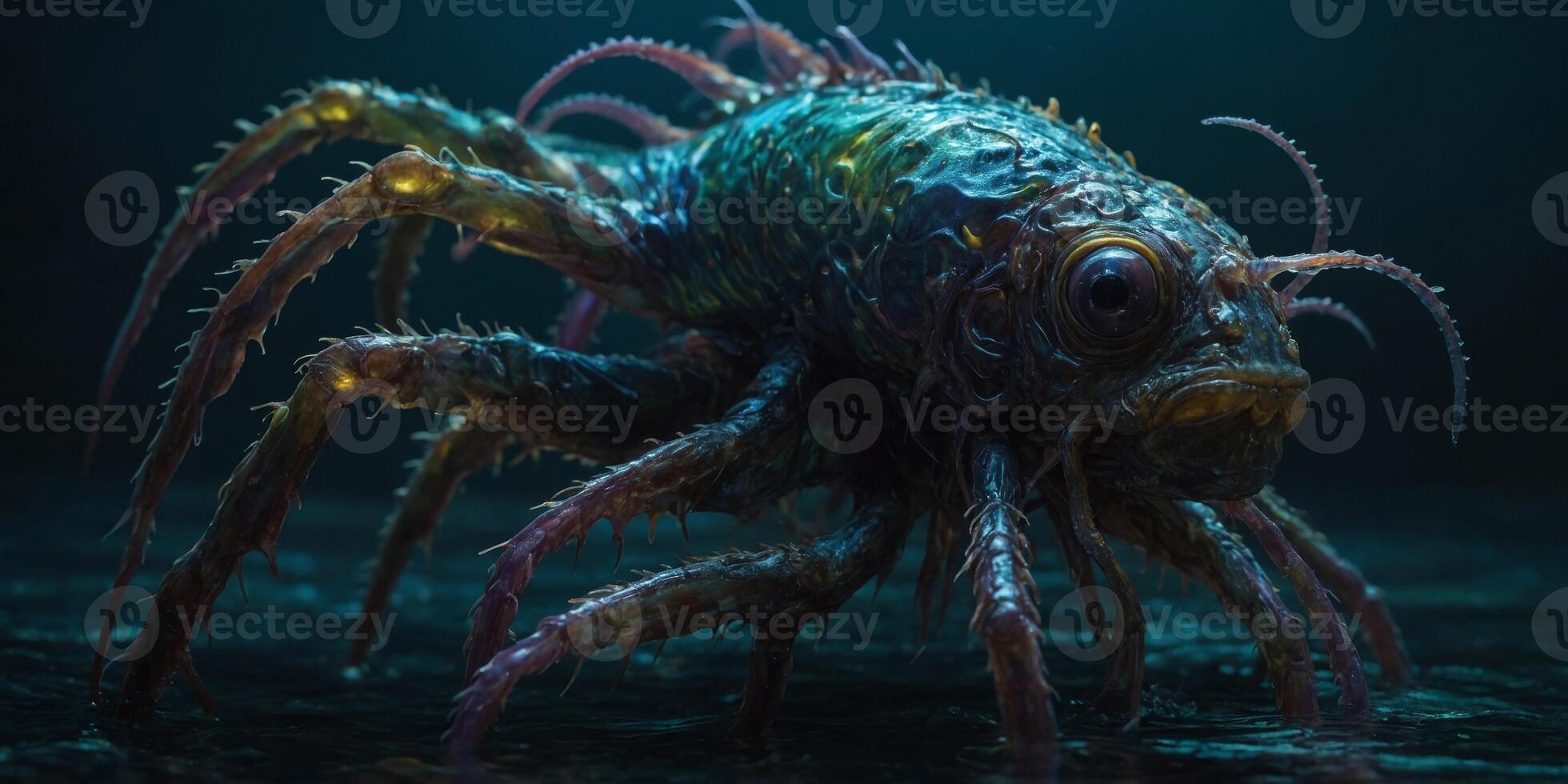 An otherworldly eldritch insectoid fishlike creature emerges from the depths, its glistening exoskeleton shimmering in a rainbow of unearthly hues. photo