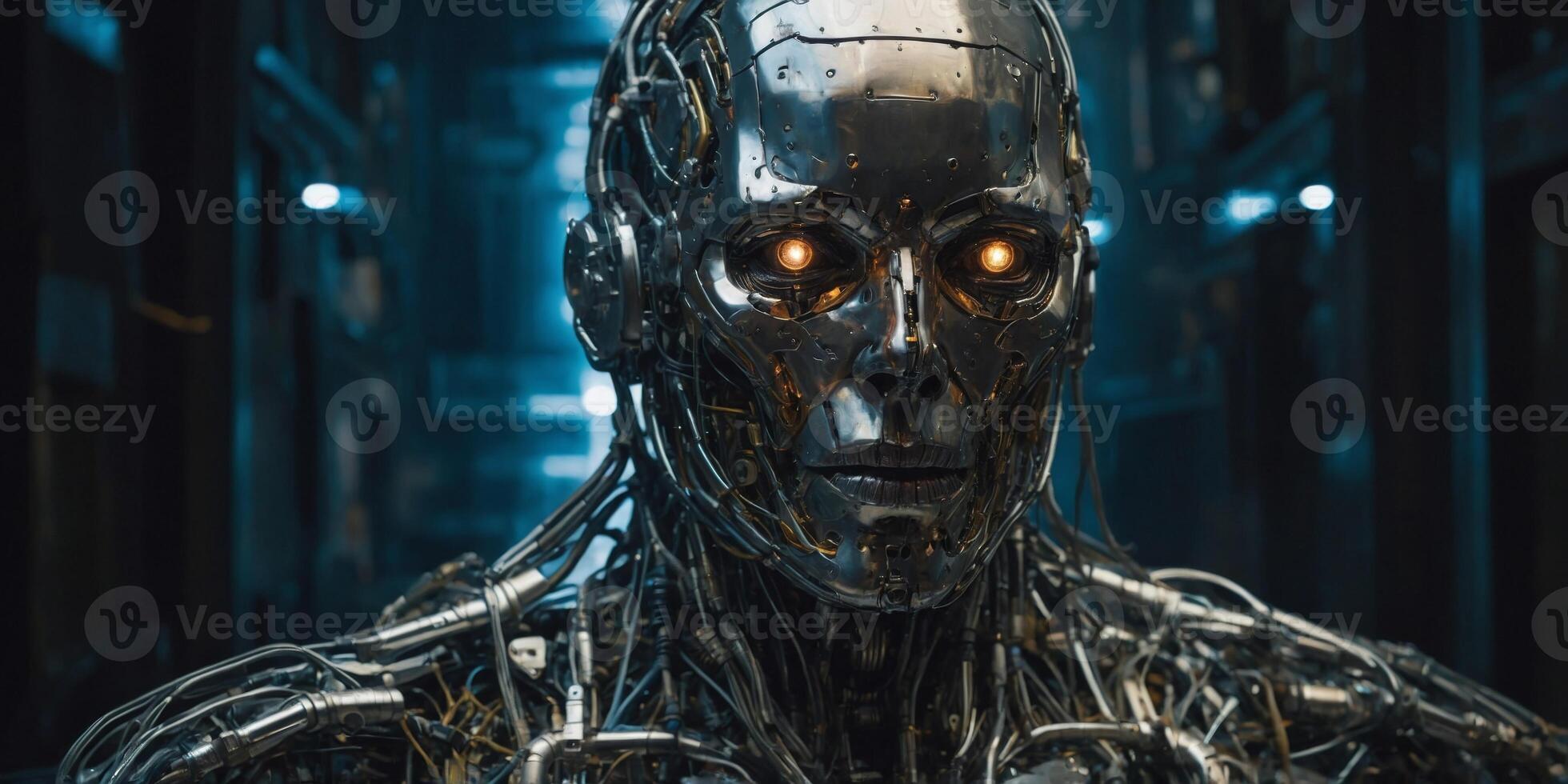 A glitchy cyborg, its metallic frame interwoven with pulsating wires and flickering lights, exudes a chilling aura of uncertainty and menace. photo