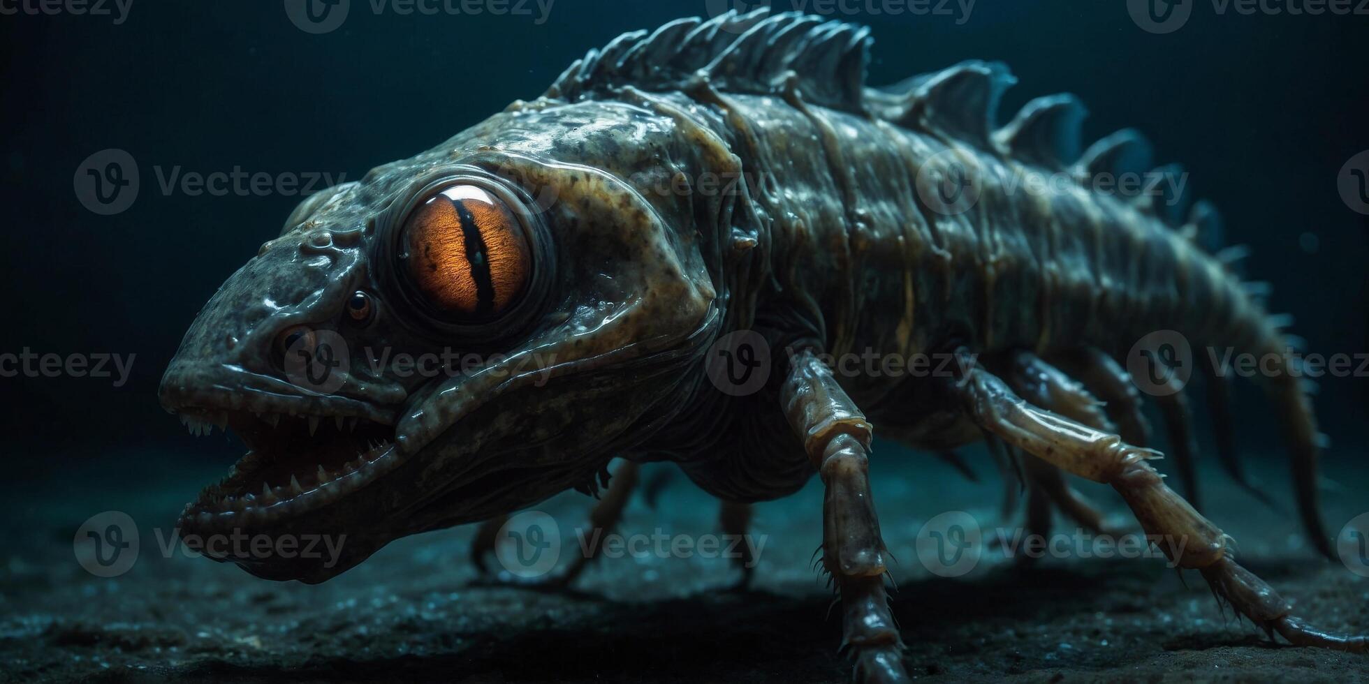 In the eerie depths of a dark ocean, a nightmarish sultry insectoid fishlike creature emerges, its grotesque features illuminated by a long exposure photograph. photo