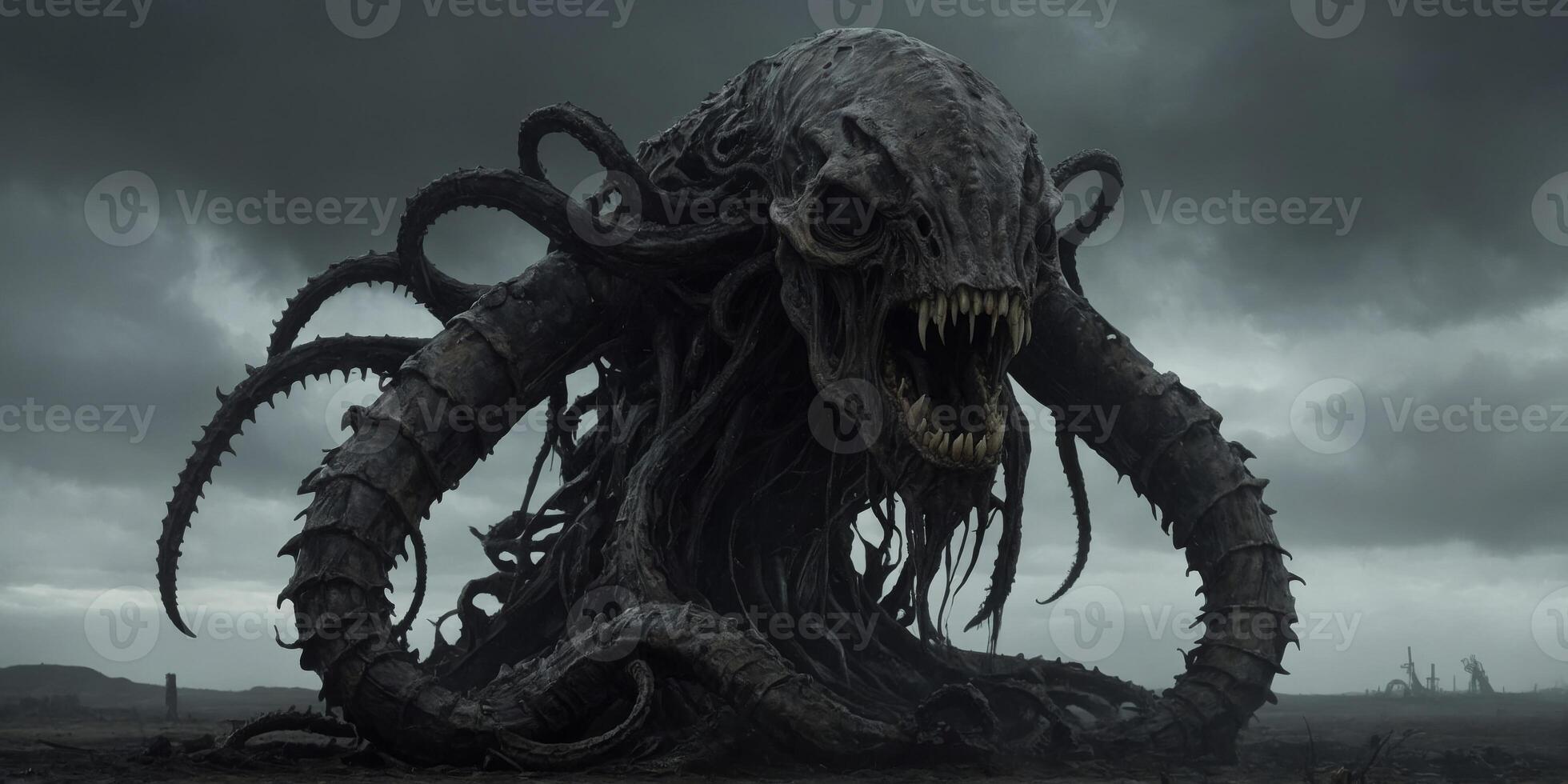 In a desolate, post-apocalyptic world painted in ominous shades of gray and black, a towering figure looms in the foreground. photo