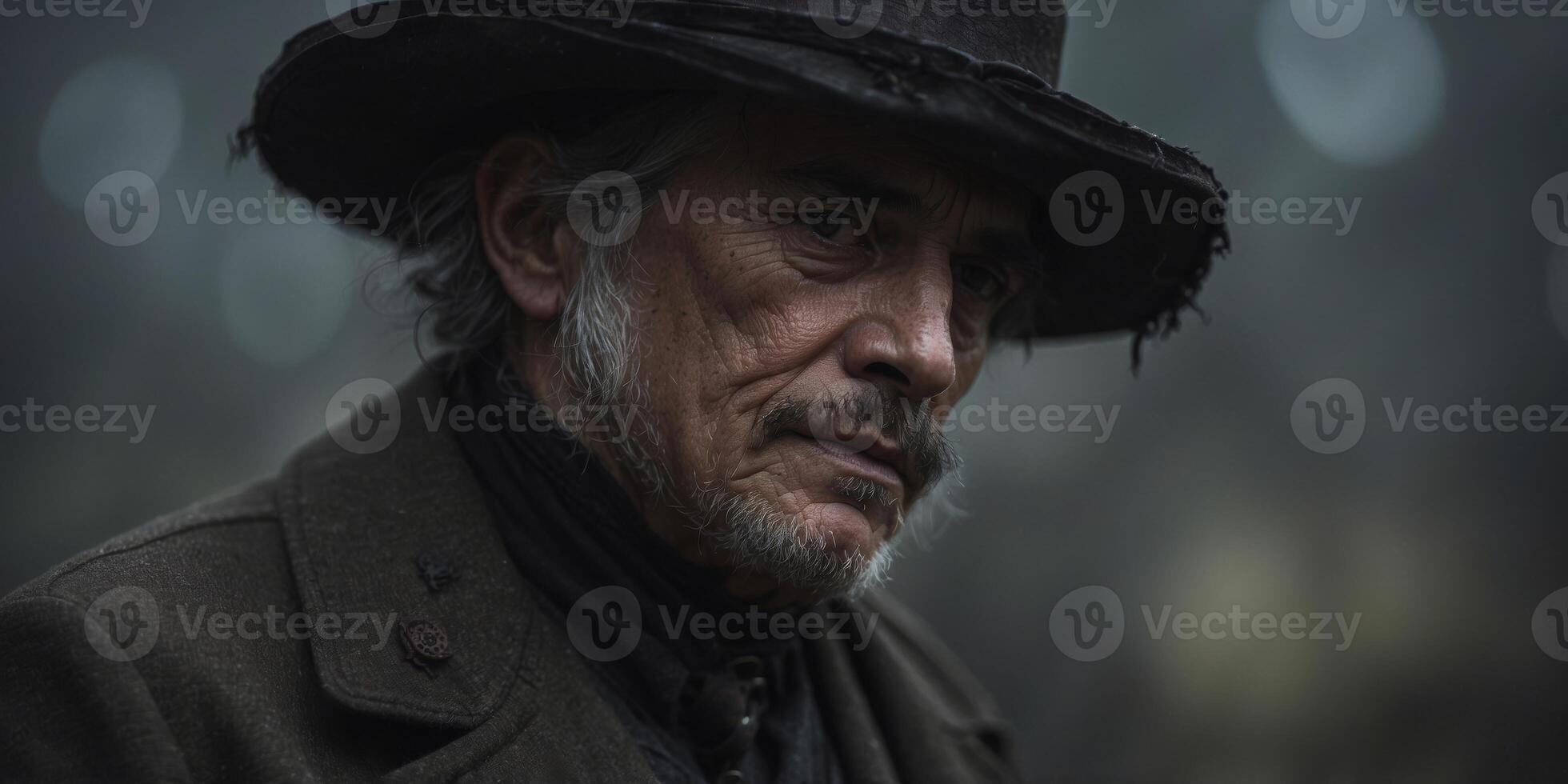 A forlorn wanderer in a grungy neo-Victorian universe, the subject of this striking photograph stands out against a backdrop of darkness and corrosion. photo