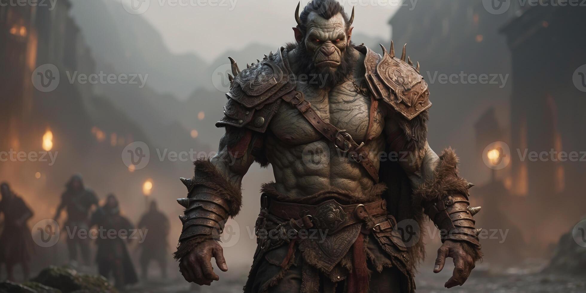 In a post-modern game concept art, a ruggedly sophisticated Orc leader stands tall, exuding a mysterious aura. photo