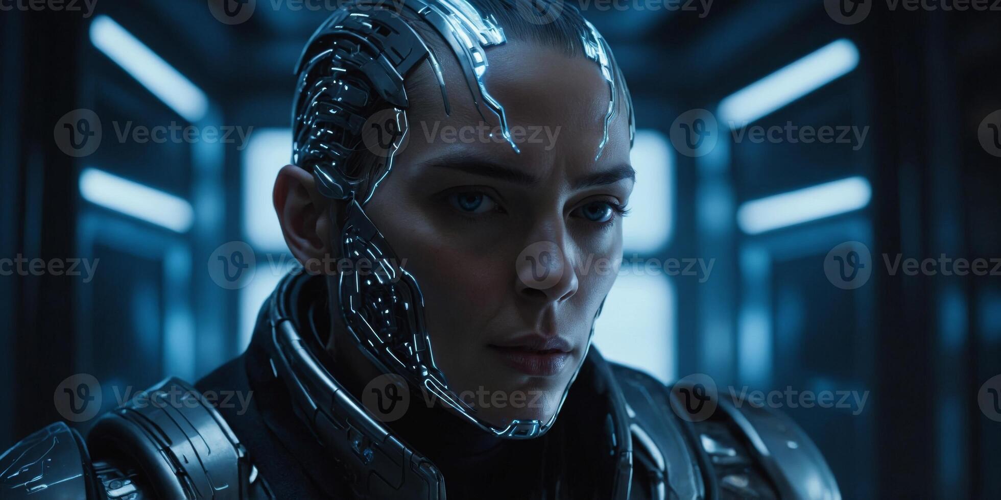 A sleek, metallic android with chilling blue LED lights embedded in its synthetic skin, every intricate detail exuding an otherworldly aura of mystery and danger. photo