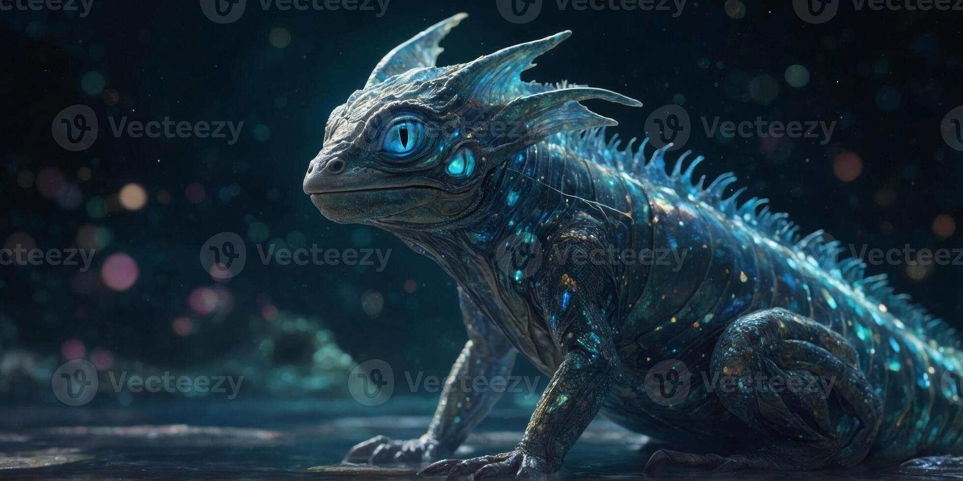 A luminous ethereal Aqualien, shimmering with celestial hues and translucent fins embodying otherworldly grace. photo