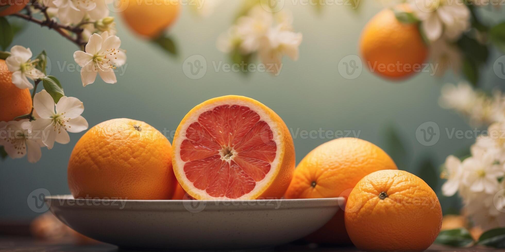 Fresh Grapefruit and Oranges with Blossoms. photo