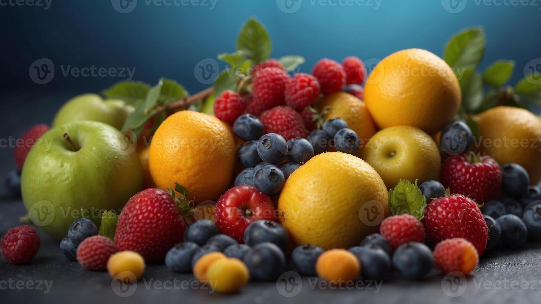 Assorted fresh fruits on blue background. photo