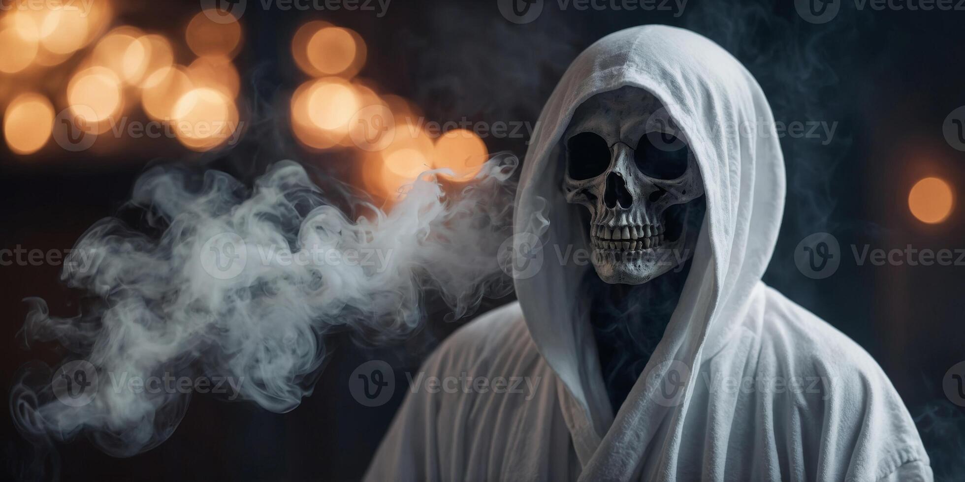 A ghostly figure in a white robe with smoke coming out of it's mouth. photo