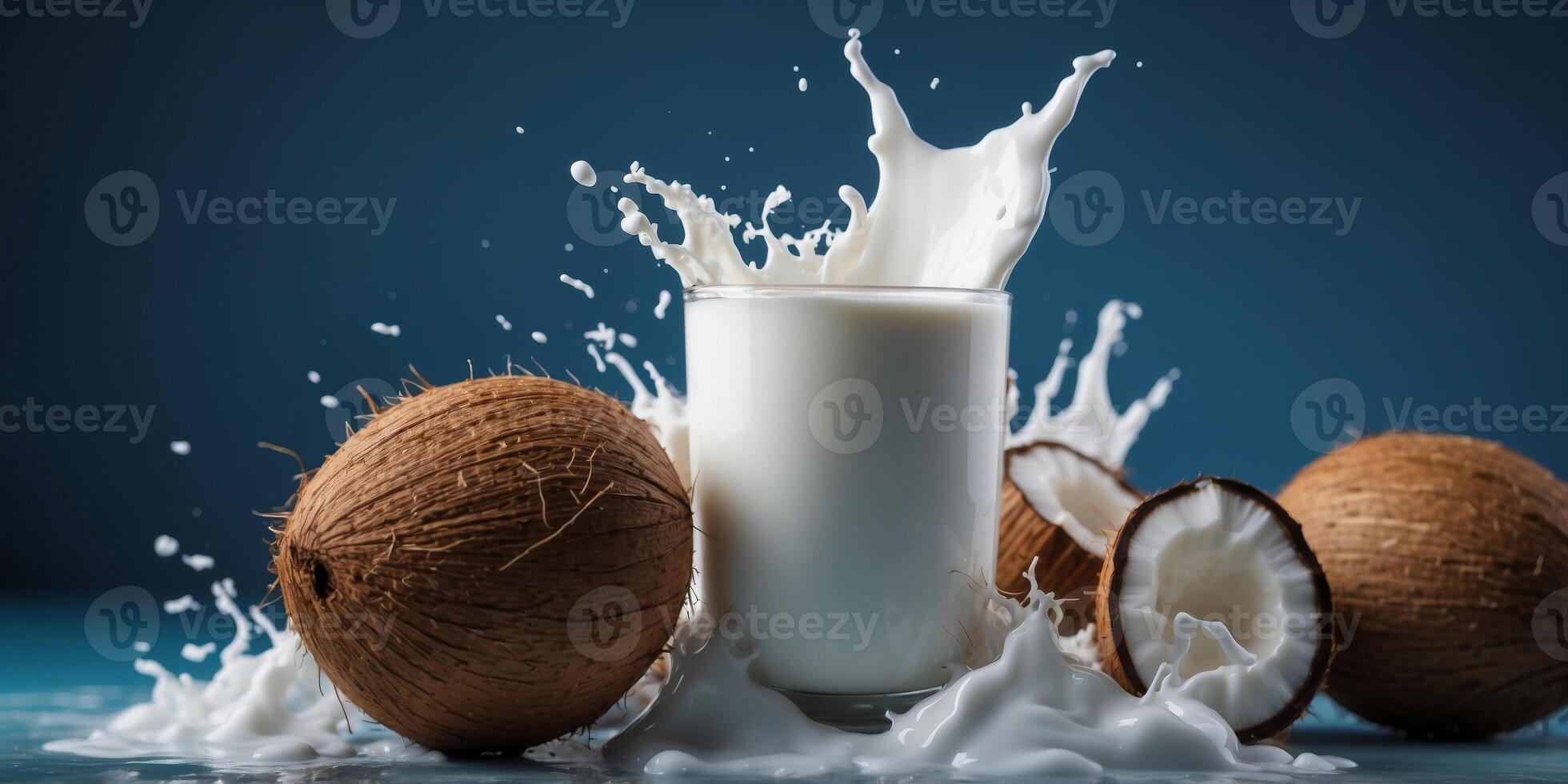 cracked coconut with splashes of milk on blue background. photo