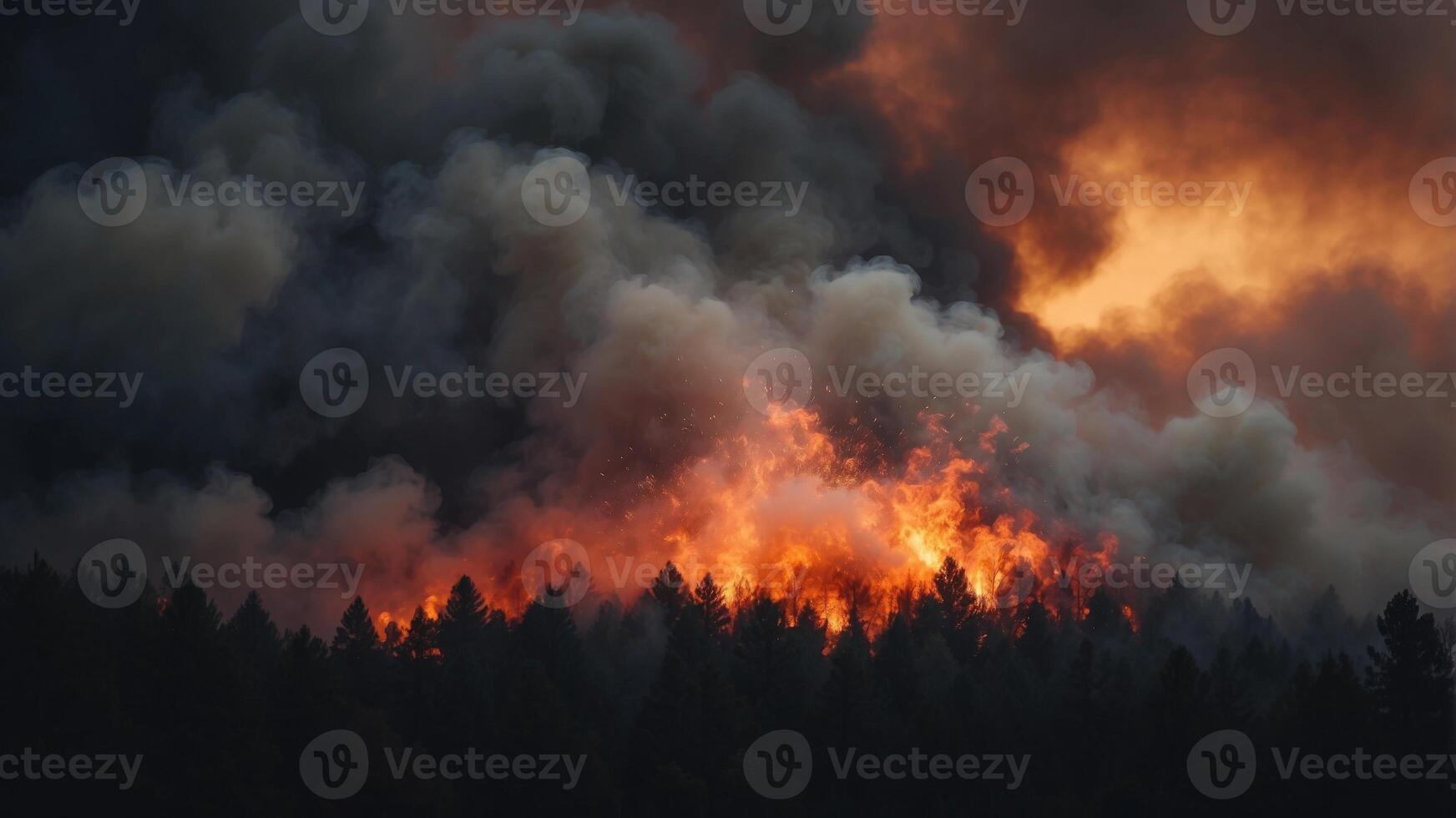 Smoke billowing from a wildfire engulfs the sky as darkness descends. photo