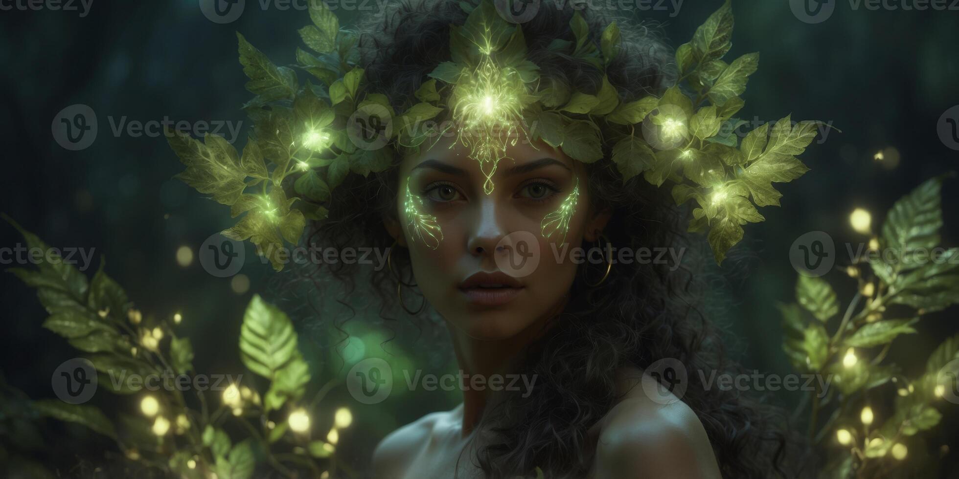 A luminous nocturnal solarpunk dryad, glows with bioluminescent foliage against the backdrop of a dimly lit cityscape. photo