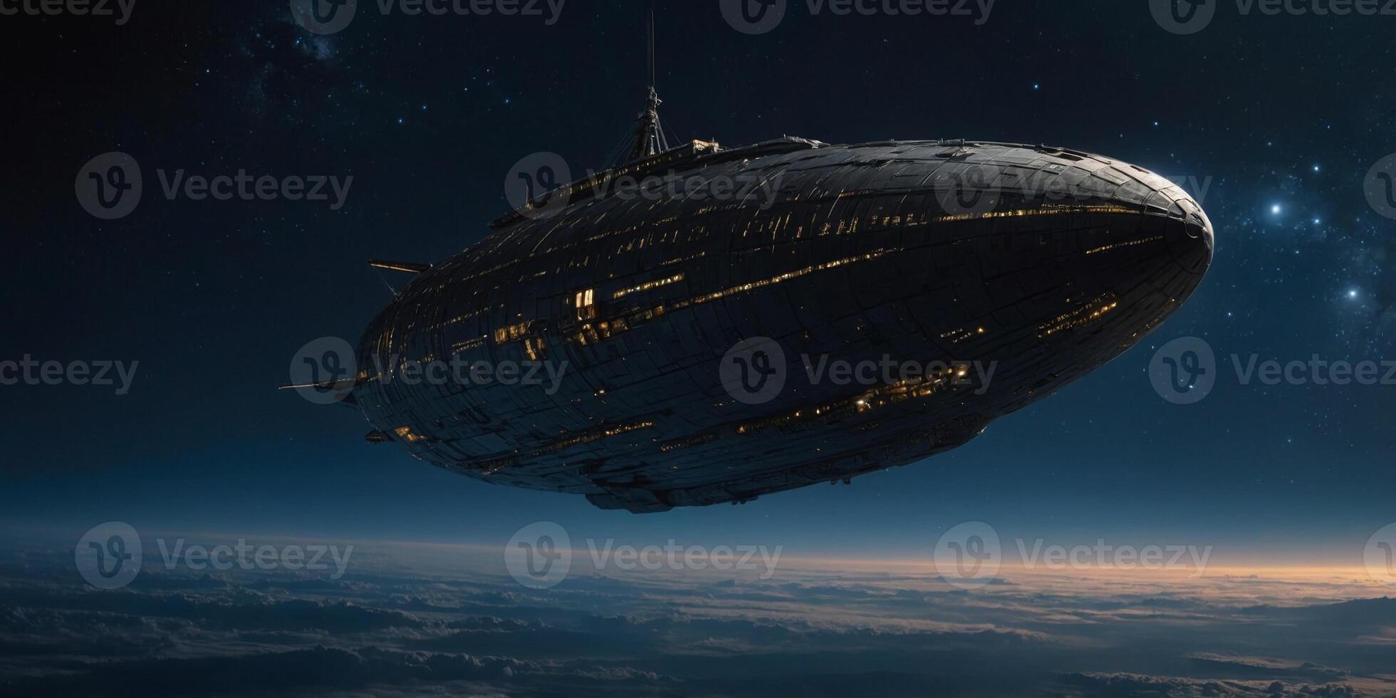 A shadowy, mysterious spacecraft floats through the vast expanse of space, its bulky form contrasting sharply against the stark backdrop of twinkling stars. photo