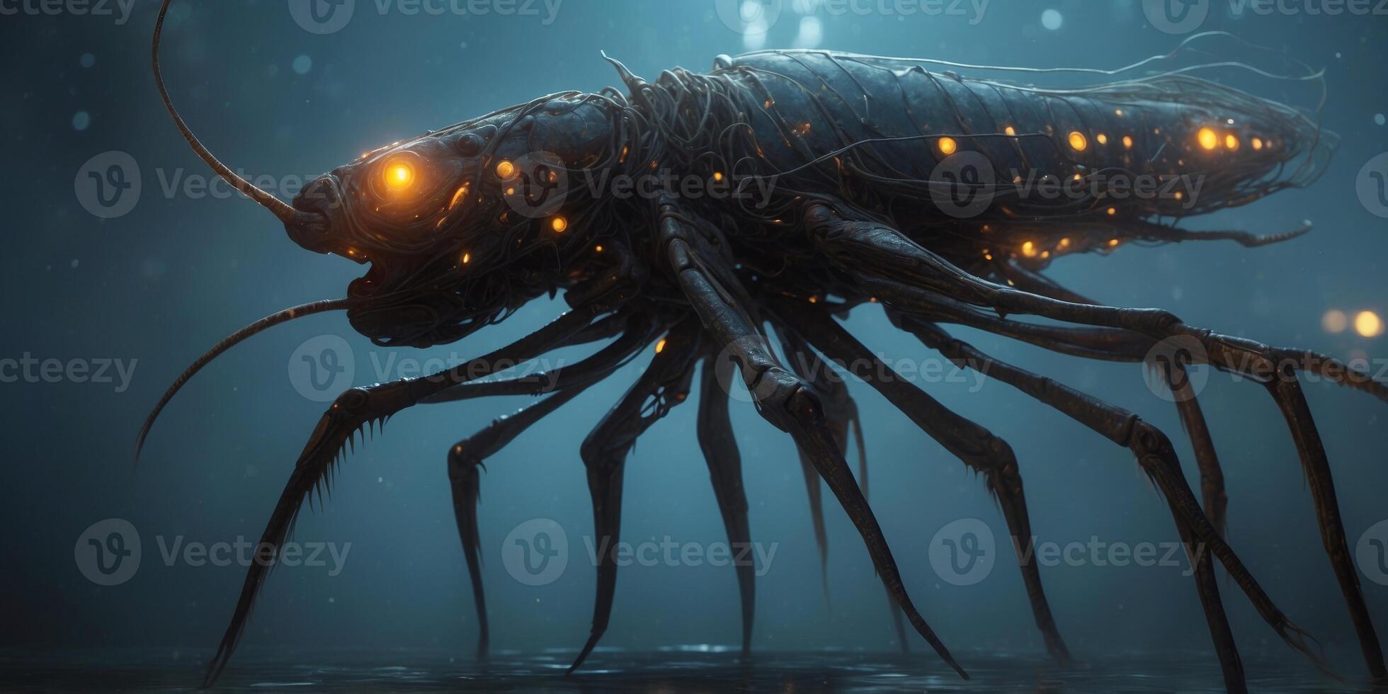 A strikingly ominous, chiaroscuro insectoid fishlike creature creeps along the murky depths, with intricate patterns of light and shadow dancing across its sleek, glossy exoskeleton. photo