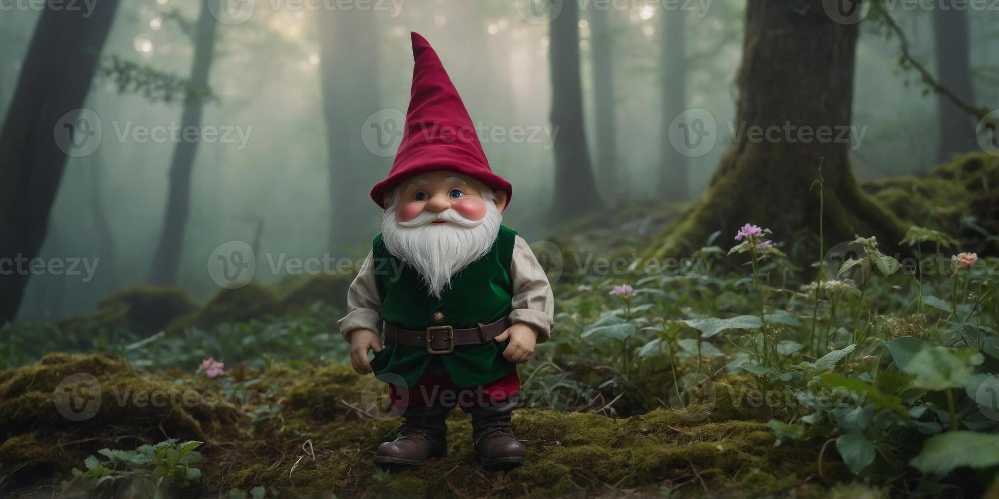 In a misty glen, a whimsical gnome with twinkling eyes, rosy cheeks, and a crooked hat, stands in a cinematic soft focus photograph. photo
