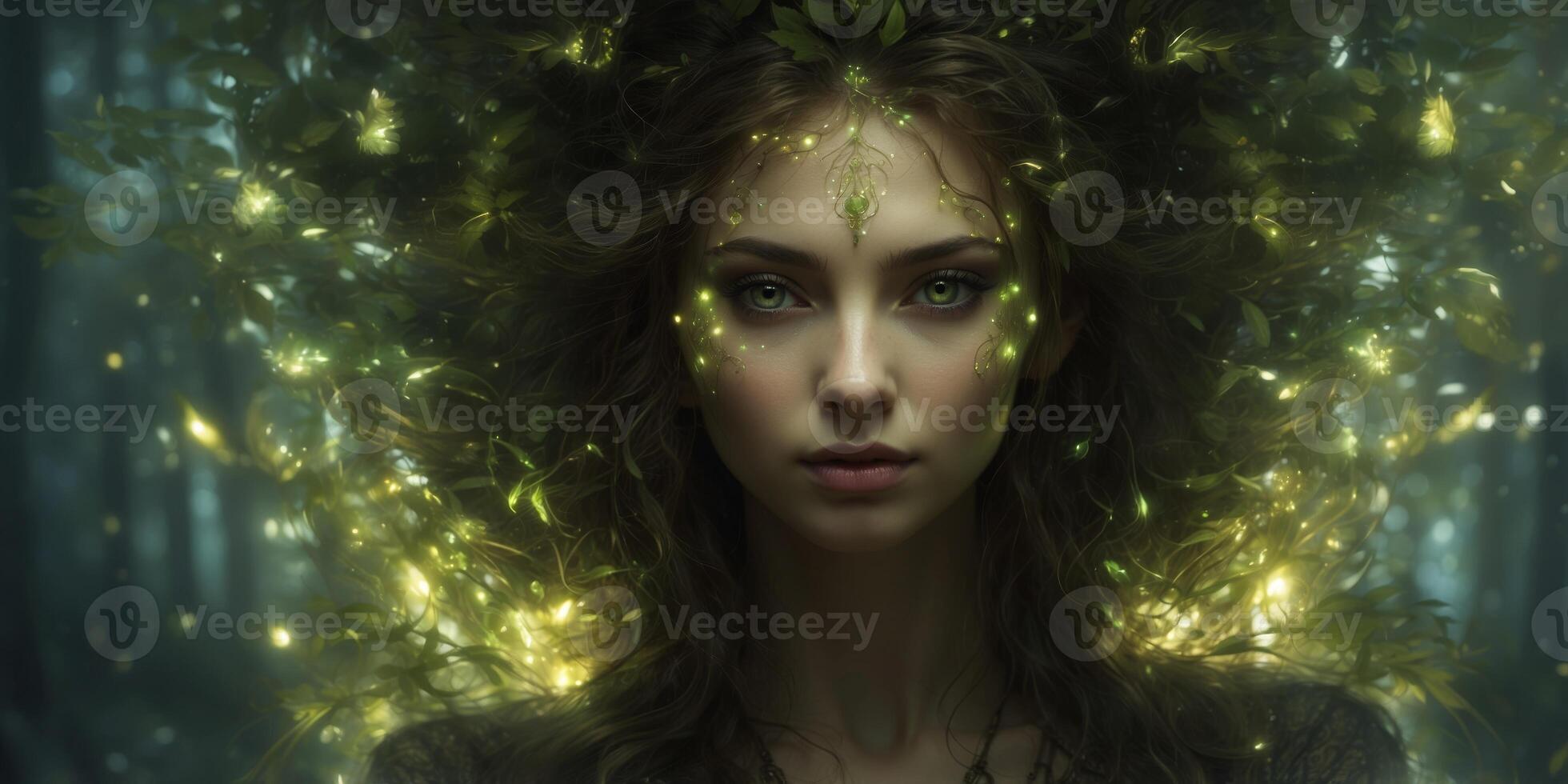 A luminous nocturnal solarpunk dryad, glows with bioluminescent foliage against the backdrop of a dimly lit cityscape. photo