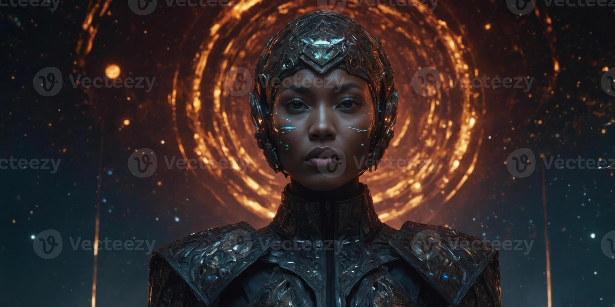 A bewitching blood-curdling nebula navigator, with skin as dark as the void and eyes ablaze with the cosmos, stands adorned in sleek metallic armor that catches the light like distant stars. photo