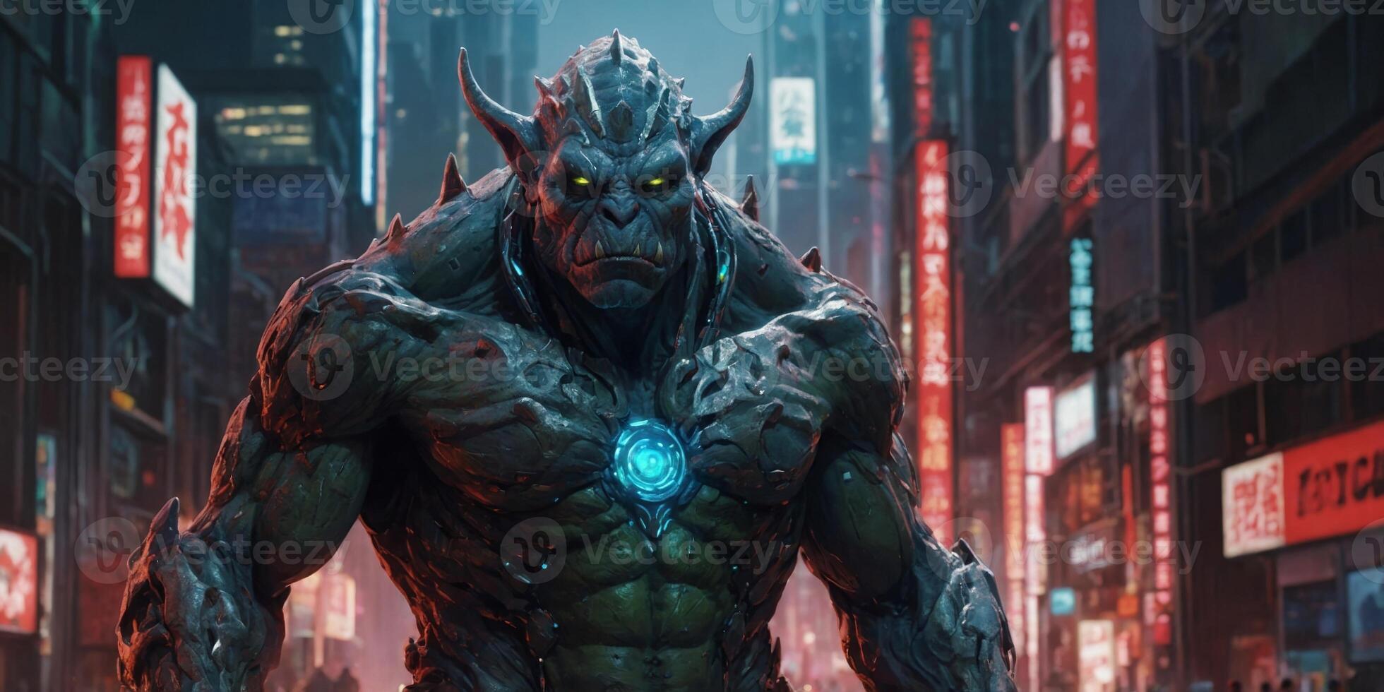 A shimmering, metallic orc-like creature exudes an otherworldly aura in a digital anime concept art piece. photo