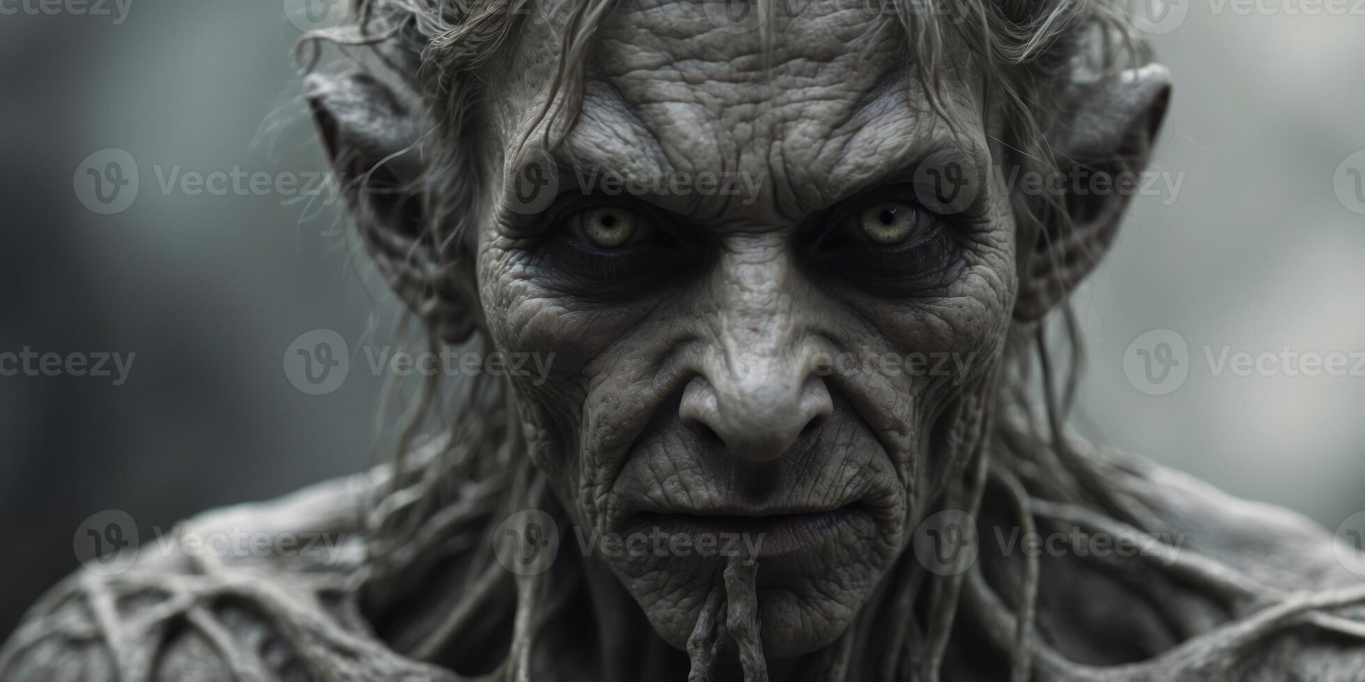 A hauntingly ancient Draugr, its decaying visage a grotesque blend of human and sea creature features, with spectral tendrils intertwining with its decaying flesh. photo