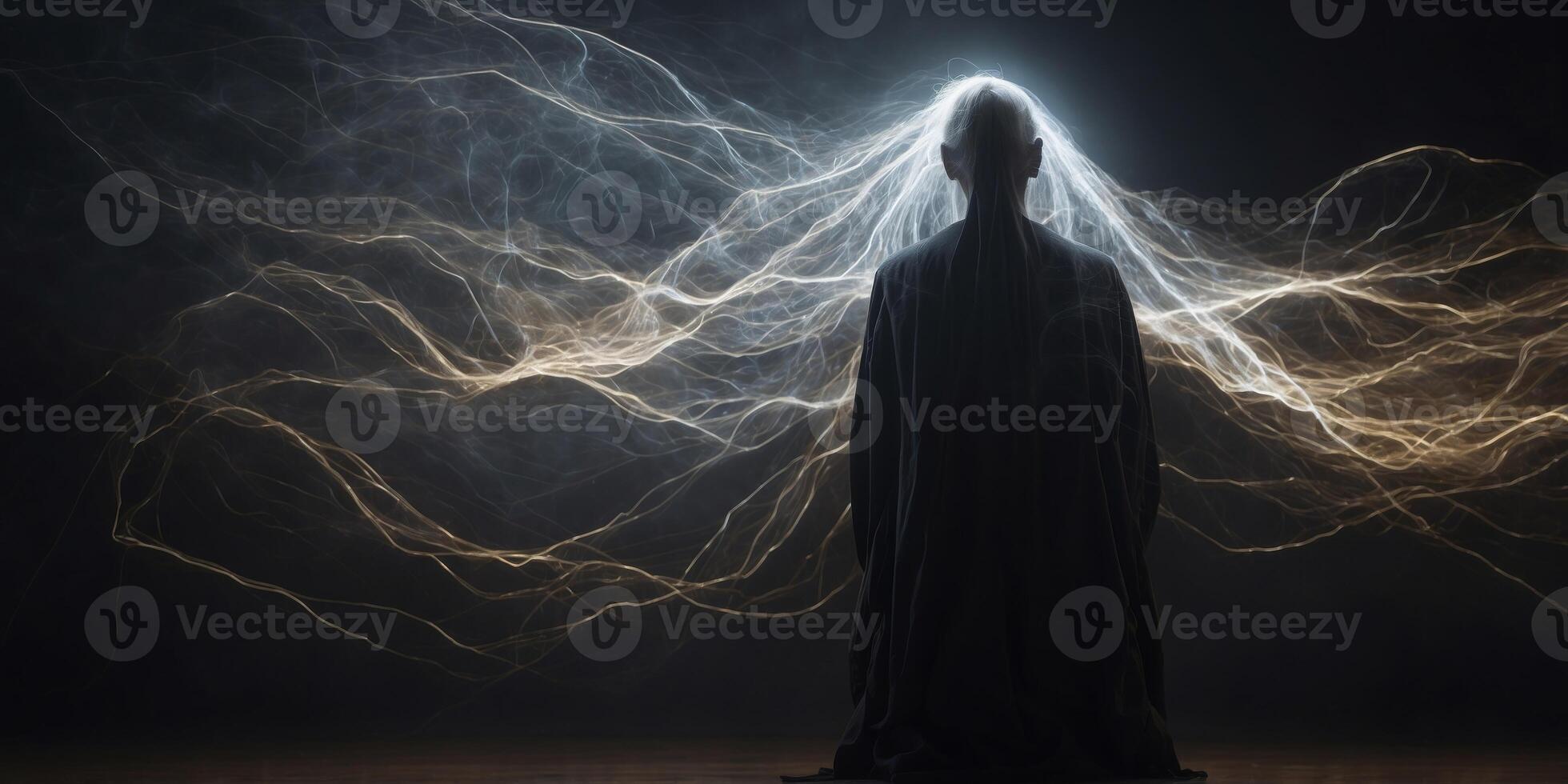 In the eerie stillness of a long exposure photograph, a specter-like figure crackles with electric energy, its translucent form hauntingly illuminated against a dark backdrop. photo