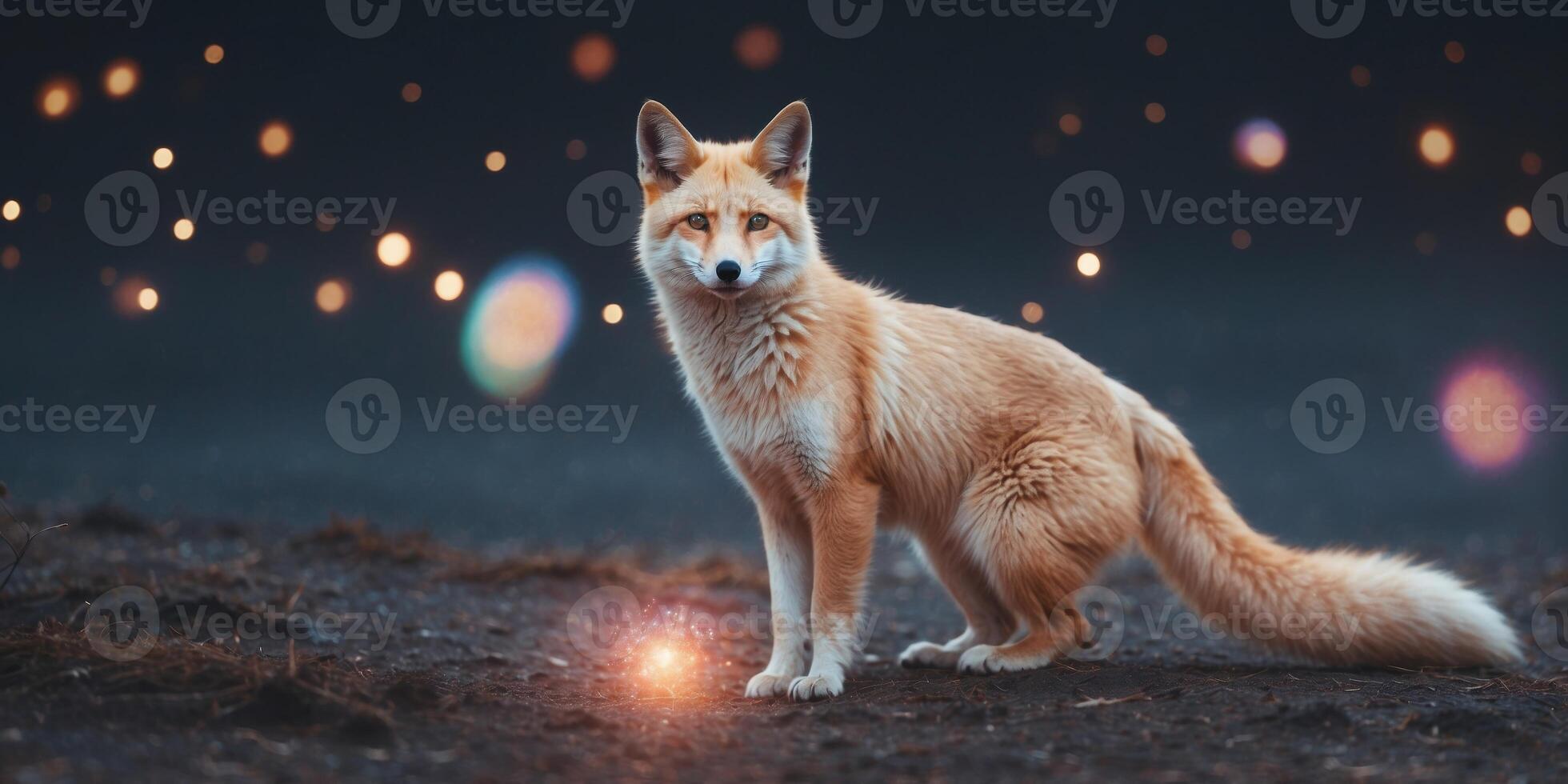 A shimmering astronomic holographic kitsune, its fur a kaleidoscope of shifting colors and patterns that dance and swirl like galaxies in the night sky. photo