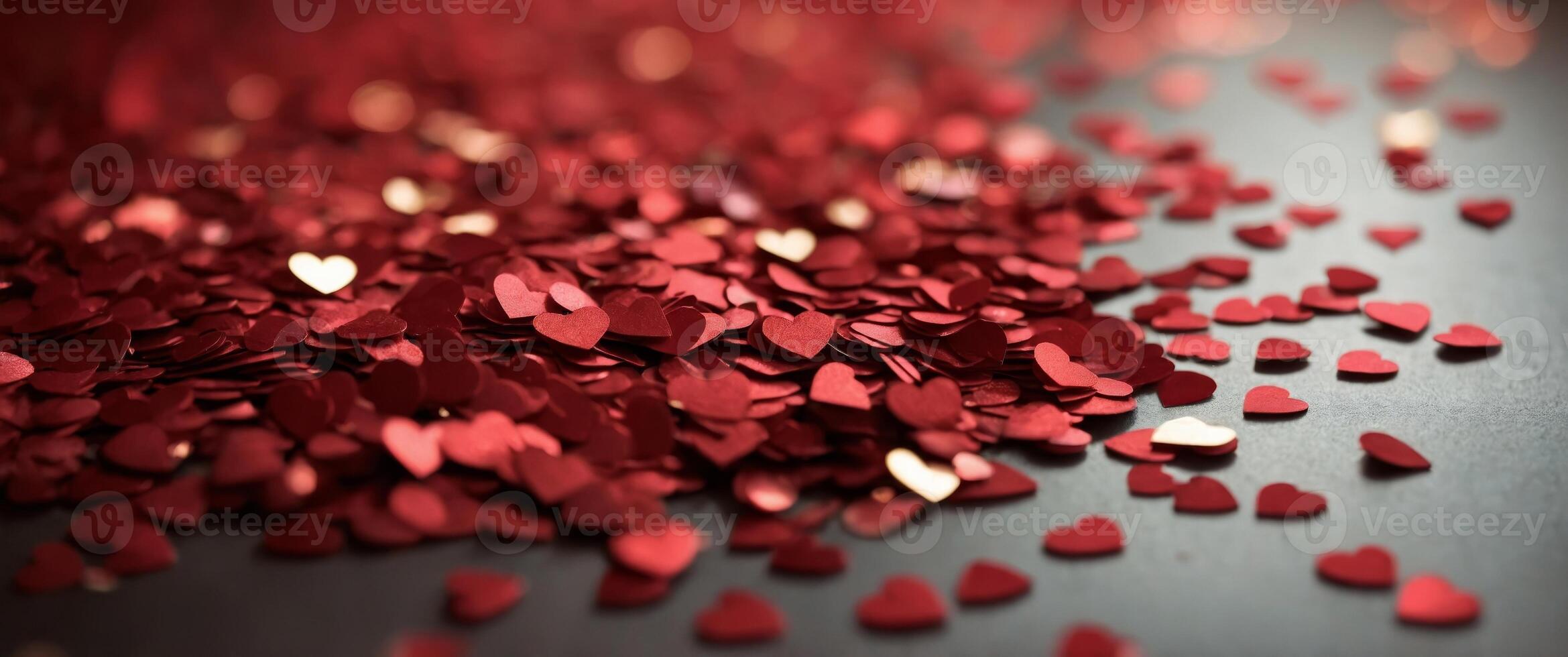 Small red heart shaped confetti on red background. photo