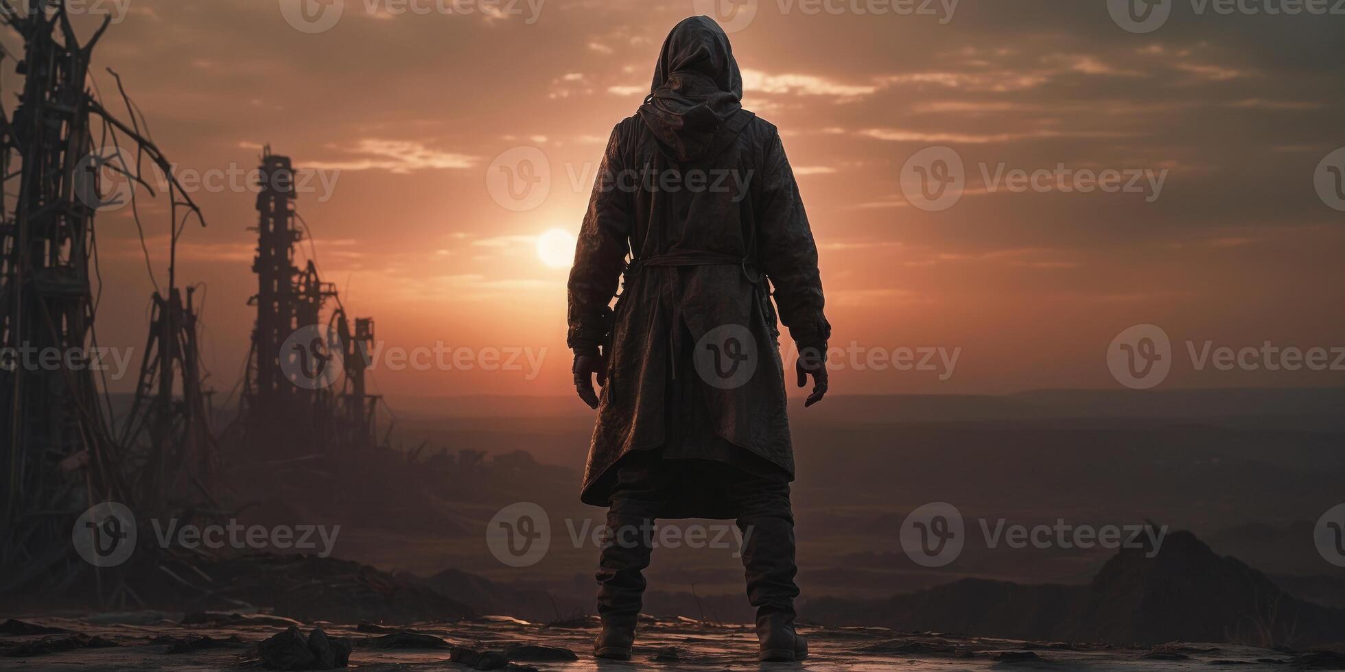 In the eerie twilight of a post-apocalyptic world, a courageous eclipse explorer stands brave and unyielding, his silhouette stark against the blood-red sky. photo