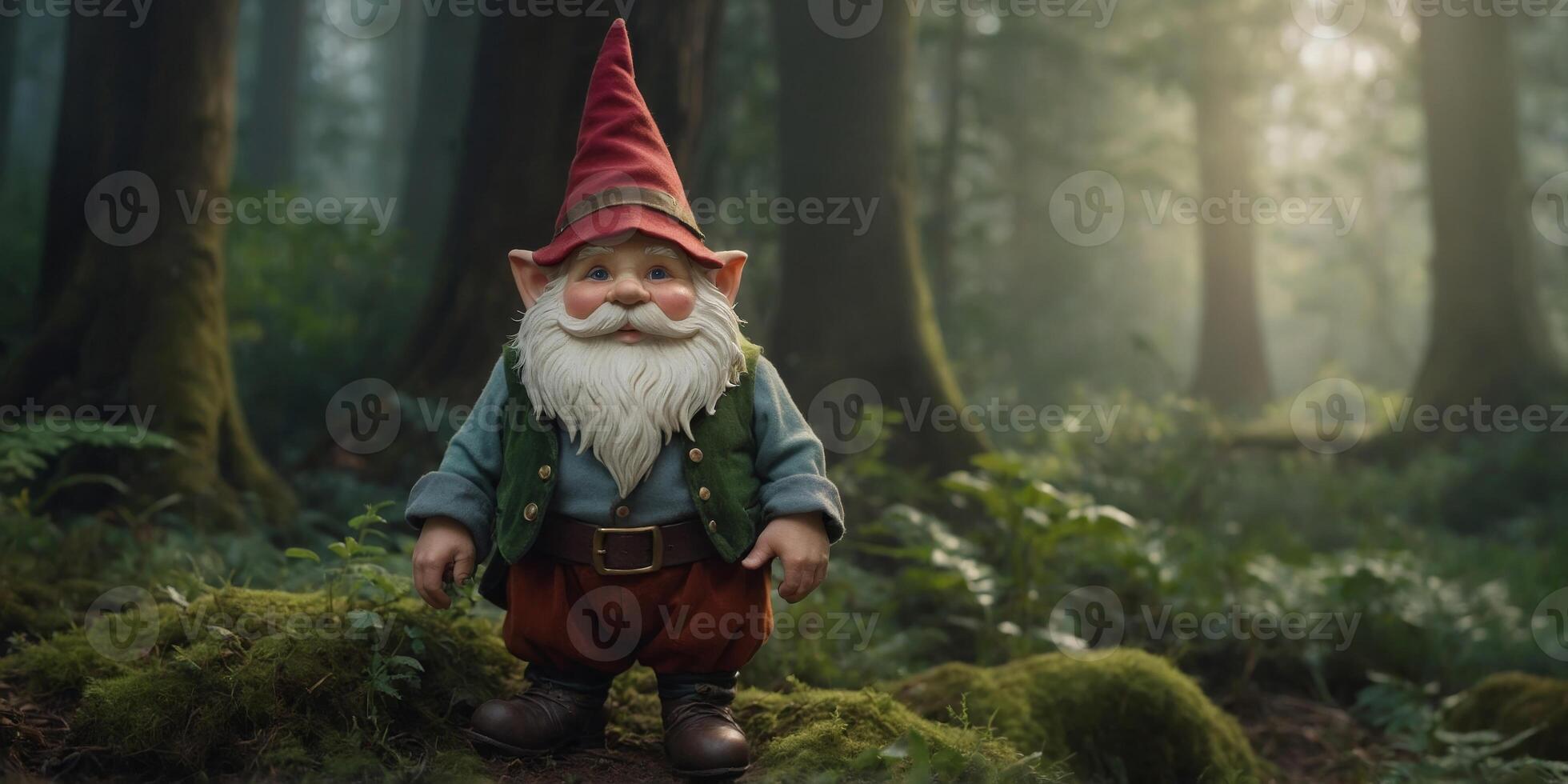 In a misty glen, a whimsical gnome with twinkling eyes, rosy cheeks, and a crooked hat, stands in a cinematic soft focus photograph. photo