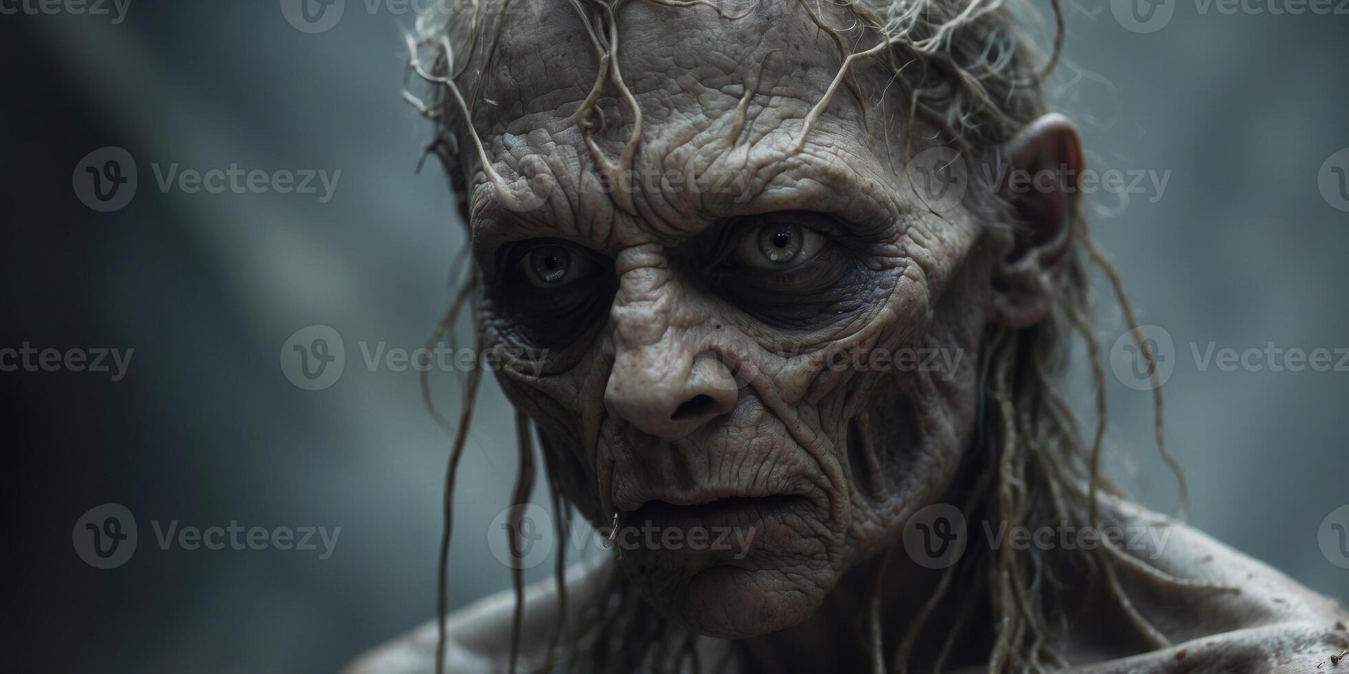 A hauntingly ancient Draugr, its decaying visage a grotesque blend of human and sea creature features, with spectral tendrils intertwining with its decaying flesh. photo