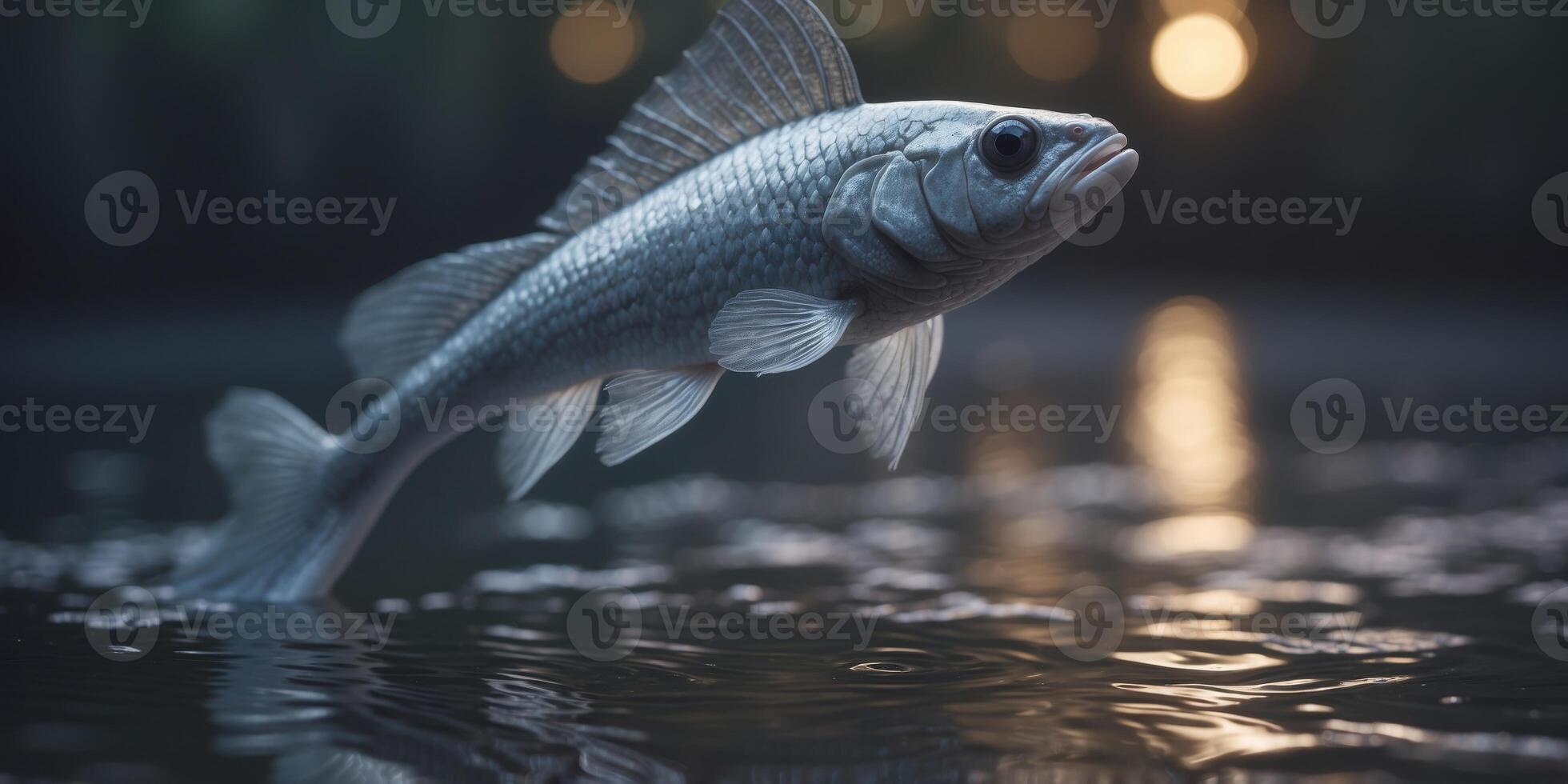 Bathed in the soft glow of moonlight, an otherworldly lunar immaculate fishlike creature swims gracefully through a serene still. photo