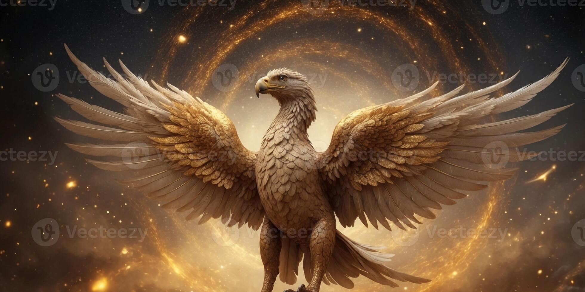 A mesmerizing solar griffin, its majestic form aglow with golden light against a backdrop of cosmic swirls and stars. photo