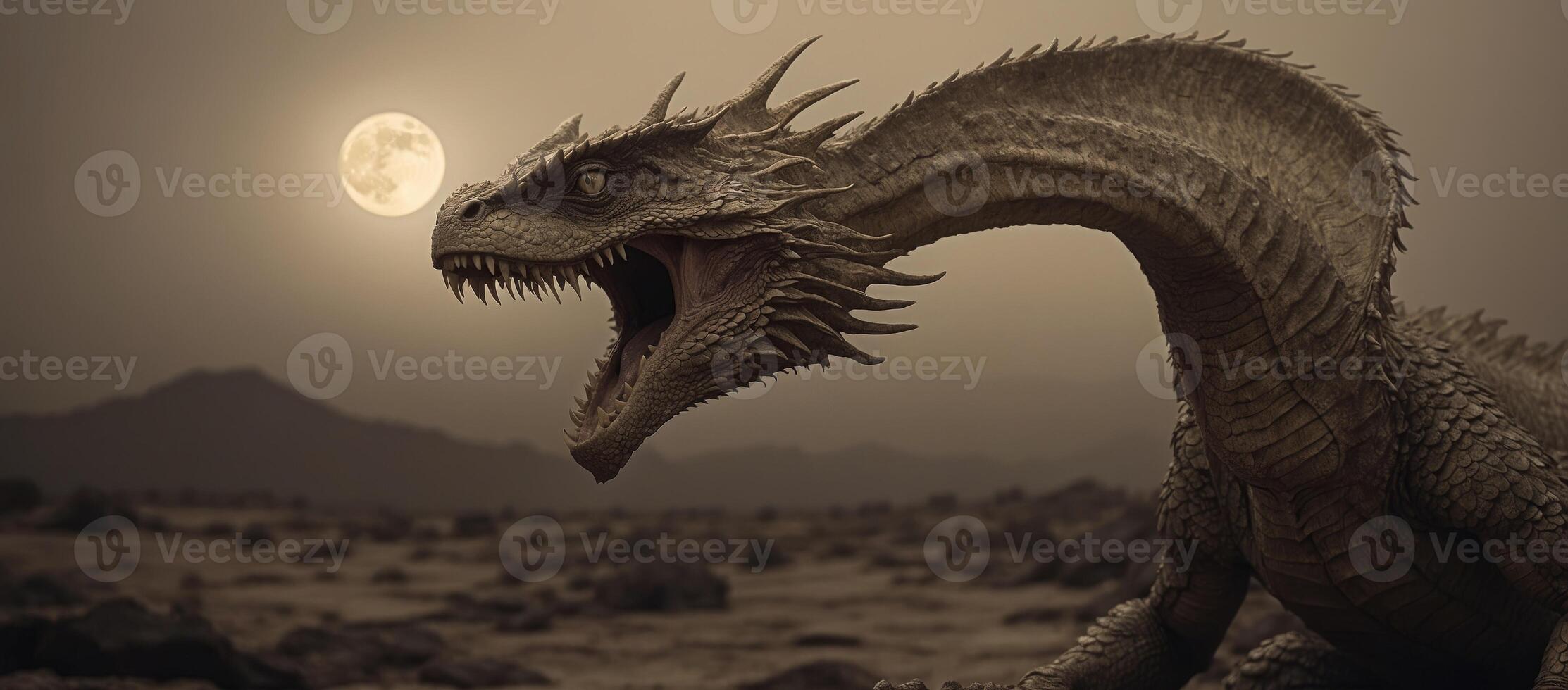 In the faded, sepia-toned photograph, a gothic lunar basilisk slithers through a barren, moonlit landscape. photo