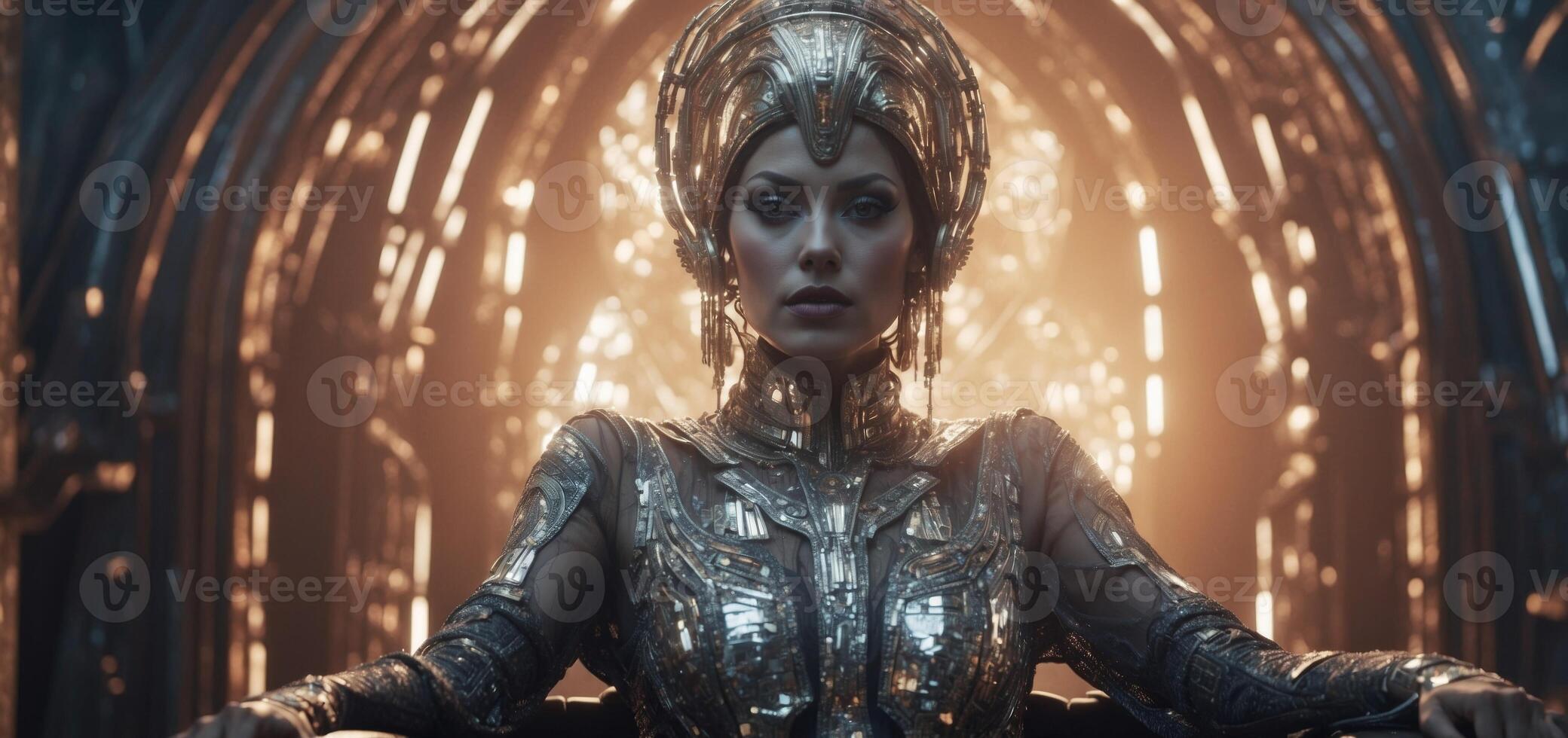 In a time-warped regal AI dream sequence, a majestic android queen sits upon a throne of circuitry and crystal, her metallic skin gleaming with digital patterns mimicking ancient royal attire. photo