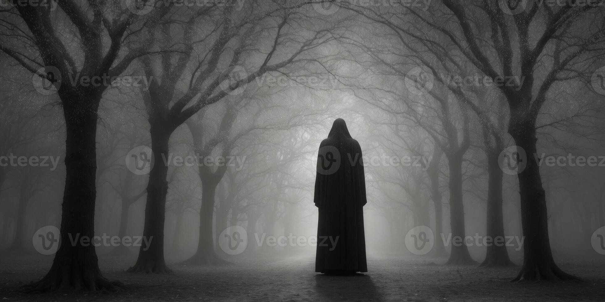An enigmatic figure, cloaked in shadows and surrounded by wisps of shifting memories, stands amidst a shimmering field of memories suspended in midair. photo