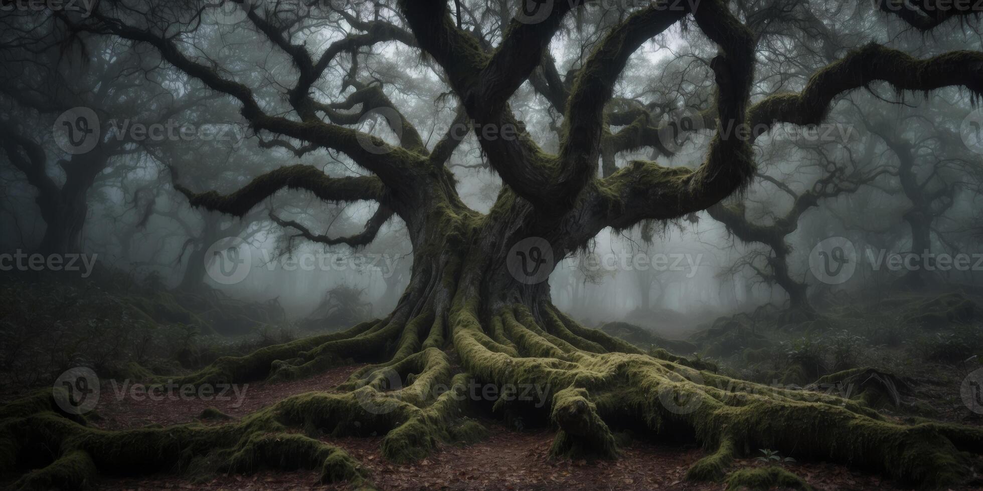 In the ethereal moonlit forest, shadows dance among ancient trees, moss-kissed stones, and wisps of mist clinging to the boughs. photo