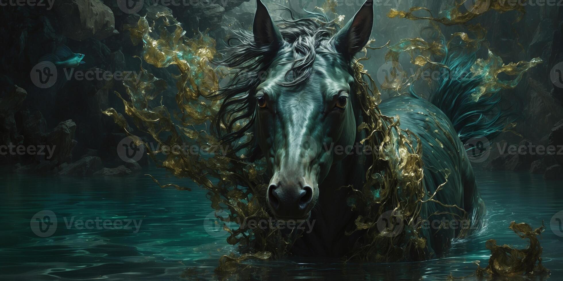 In the whimsical realm of post-modern art, an enchantingly eerie kelpie emerges from the depths of an oil painting. photo