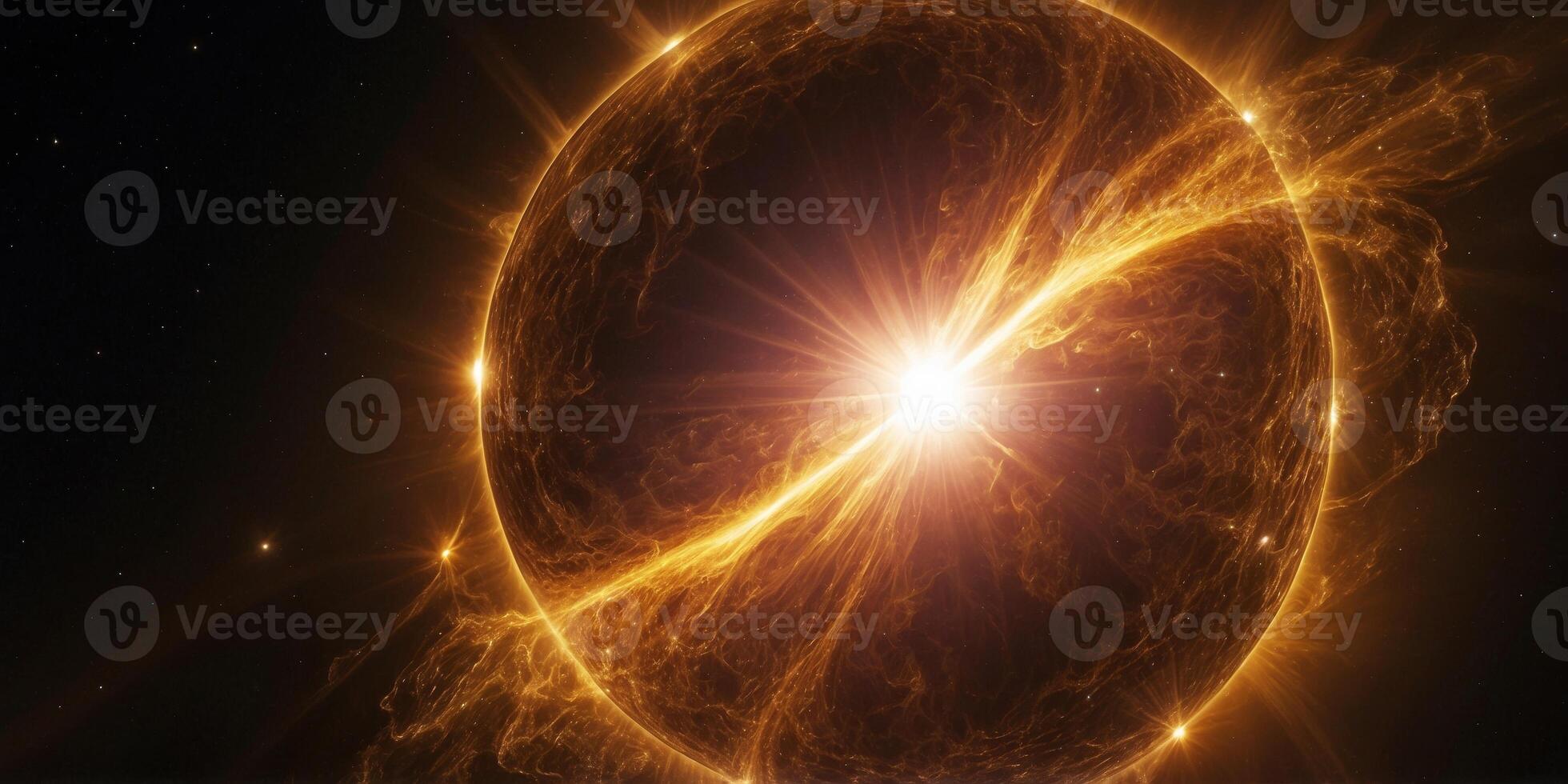 A blindingly bright solar flare, gleaming in golden hues against the dark expanse of space. photo