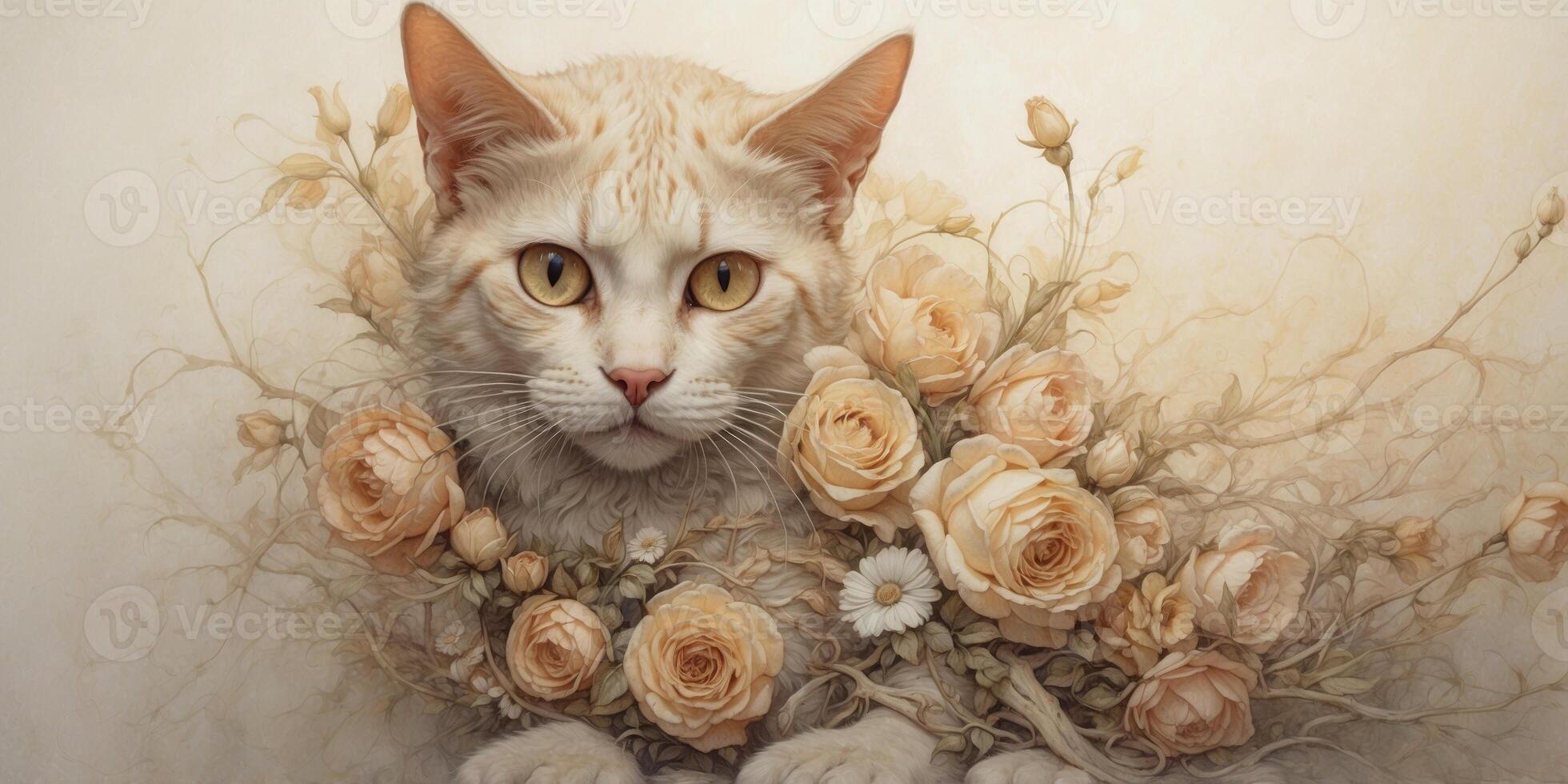 A hauntingly beautiful skeletal cat, its bones adorned with delicate watercolor flowers, its empty eye sockets filled with shimmering golden light. photo