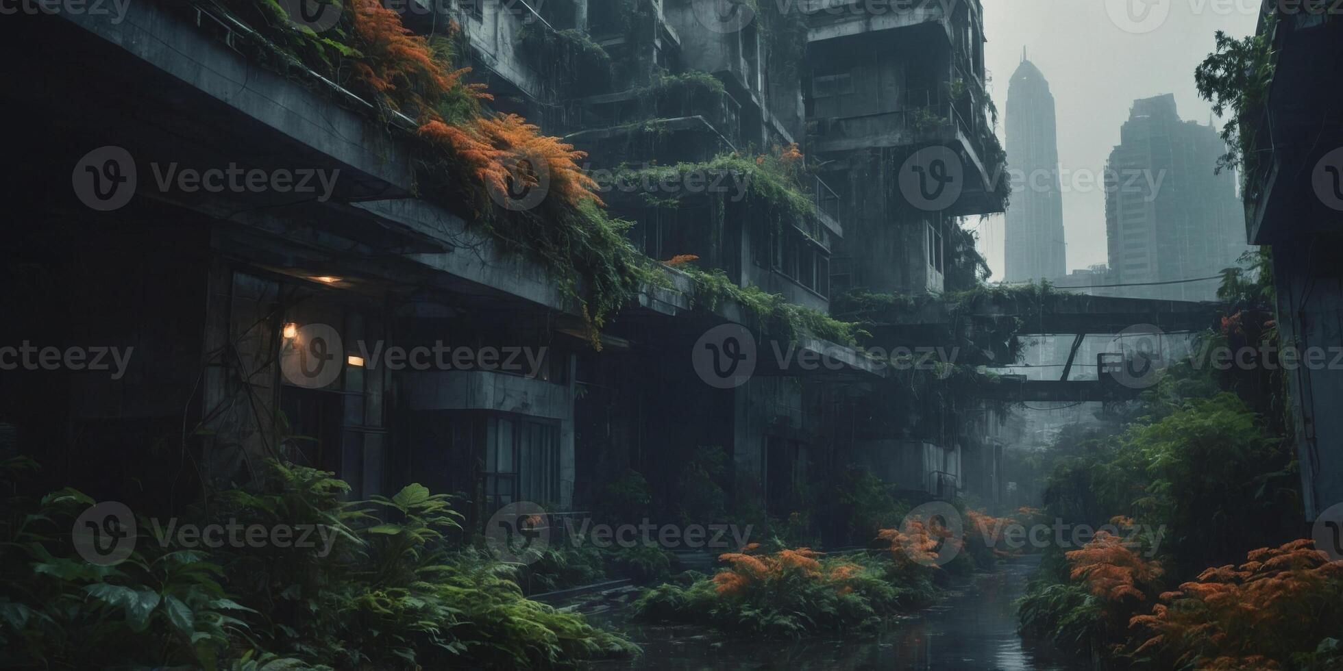 Mysterious Overgrown Futuristic City within Dramatic Gloomy Atmosphere. photo