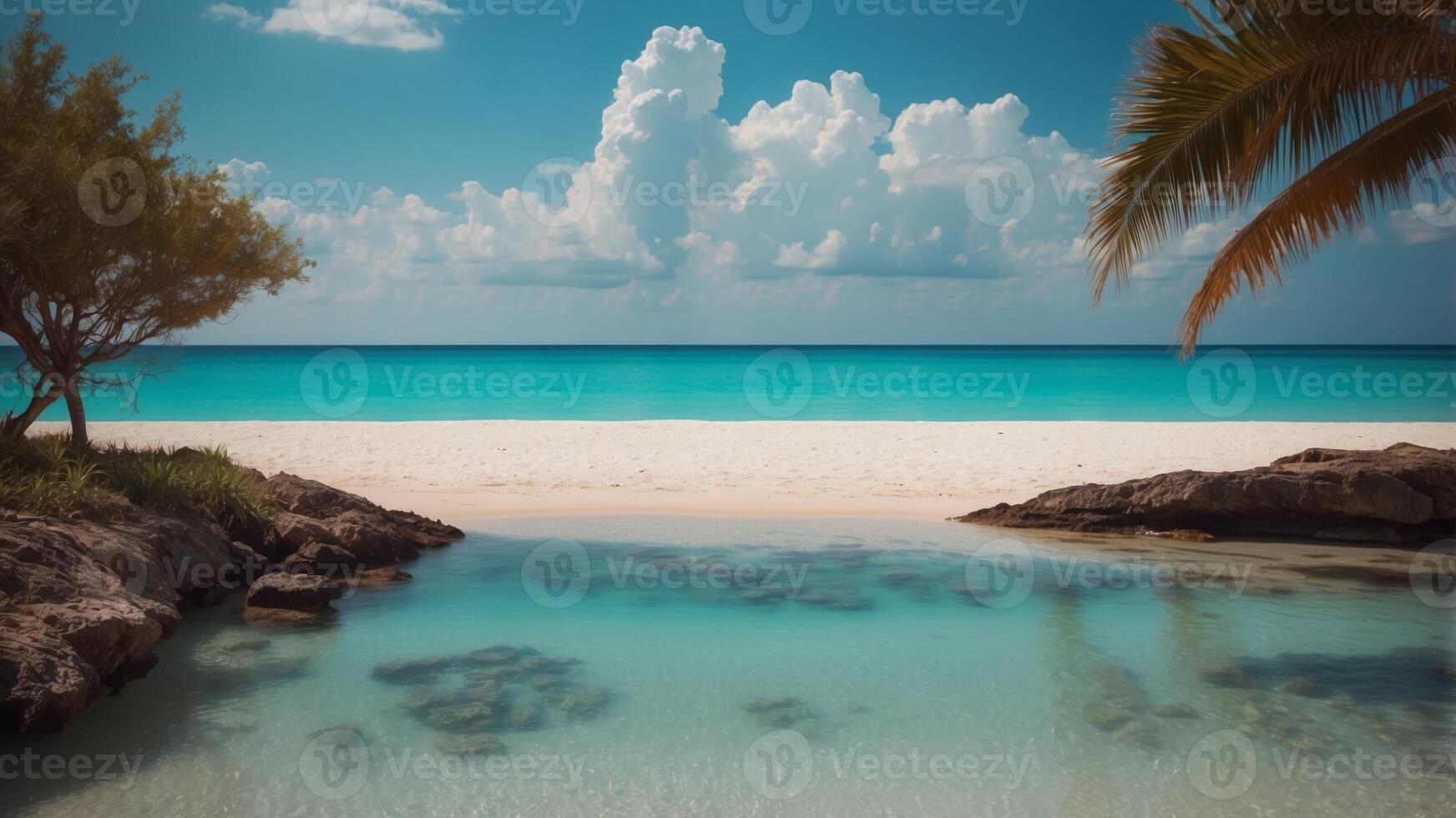 Tropical Beach with Turquoise Waters and Clouds. photo