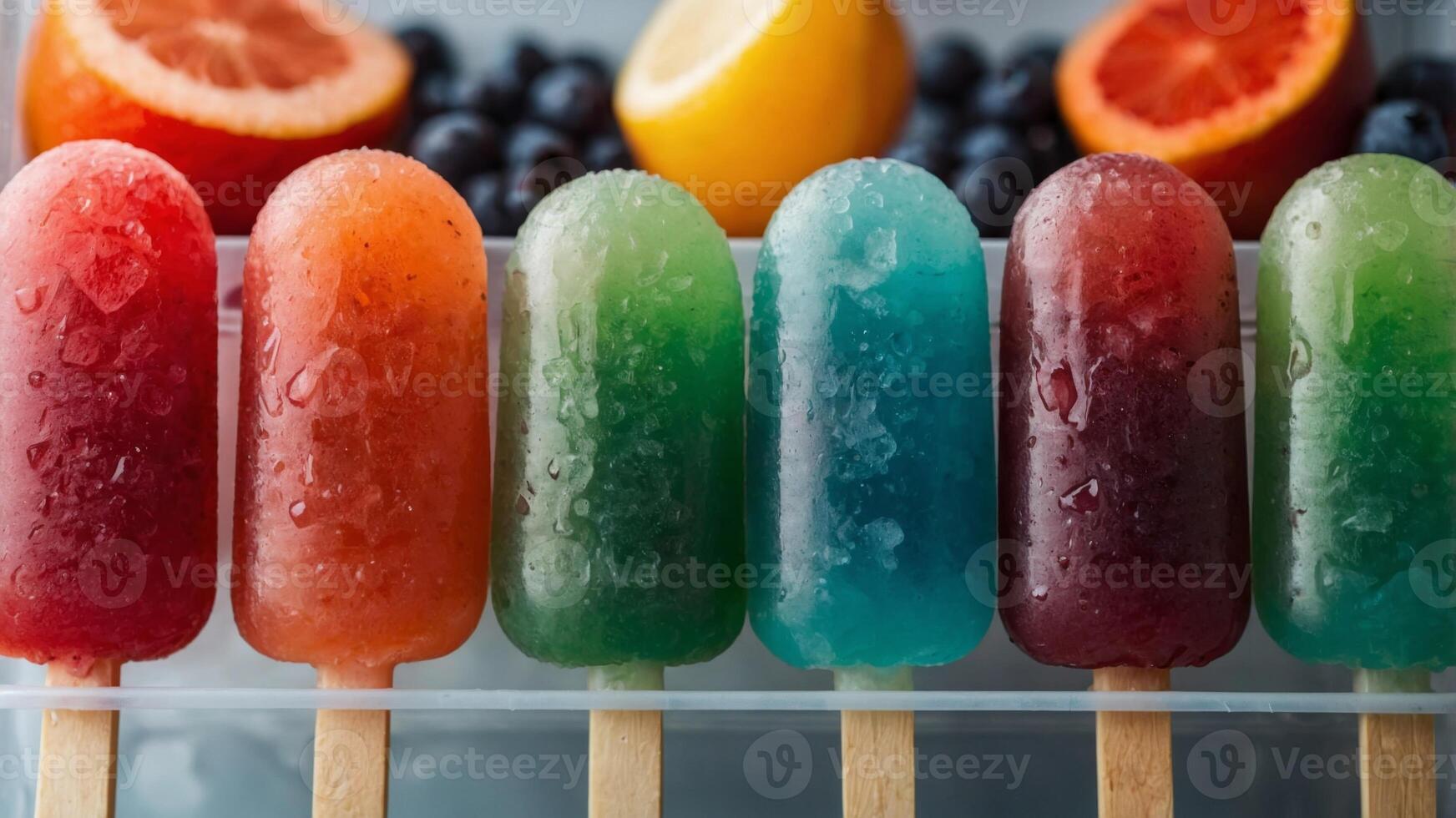 Flavored ice pops inside the refrigerator. photo