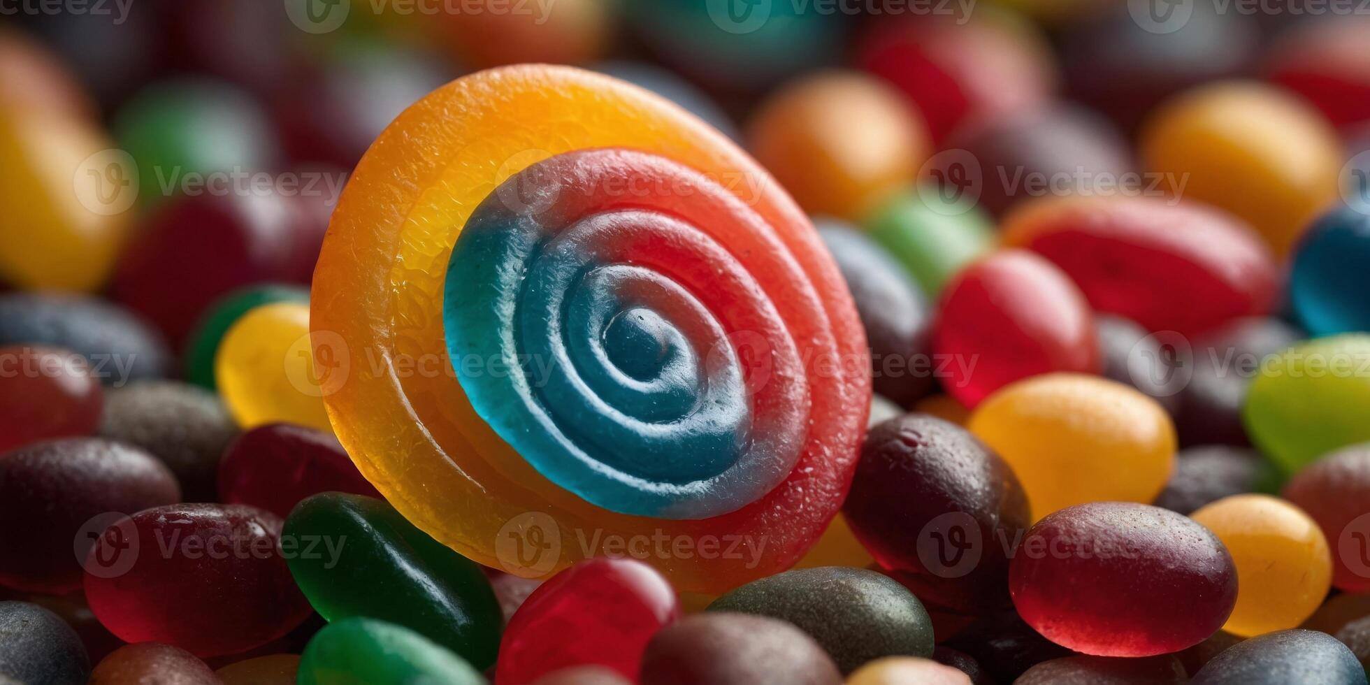 Colorful lollipop standing in pile of assorted jelly beans. photo