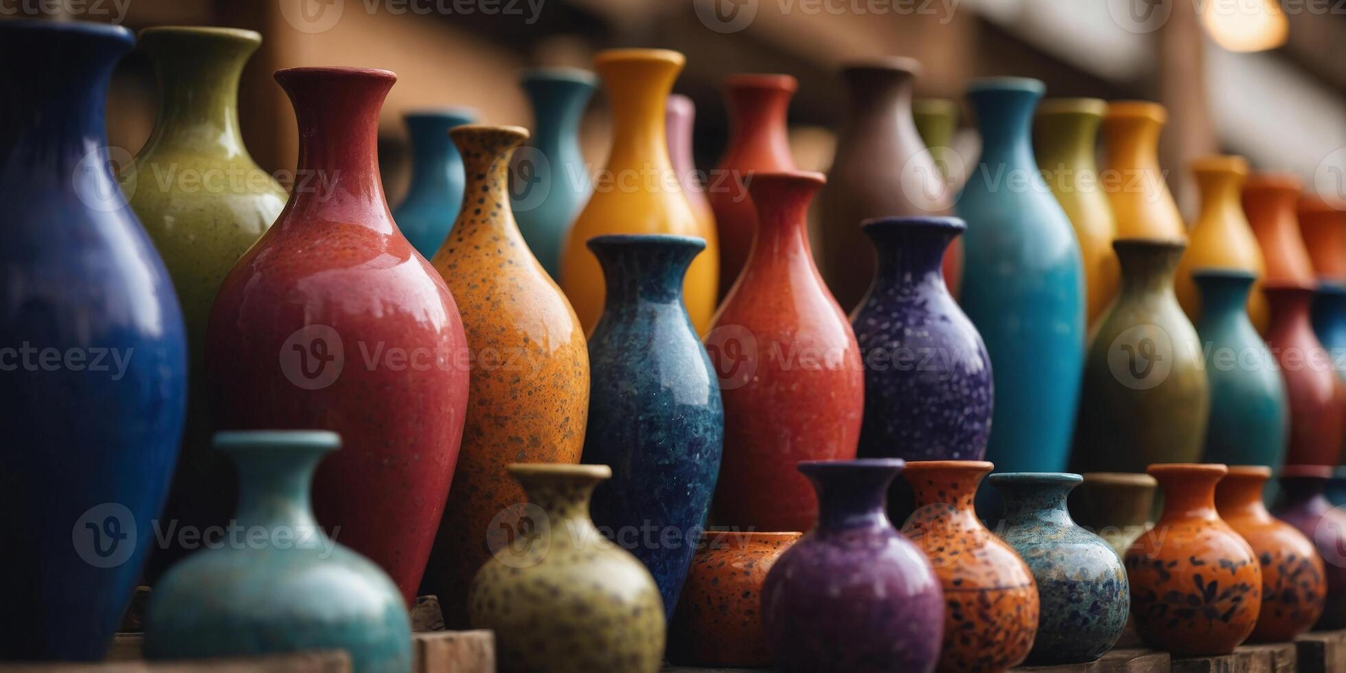 Colorful Ceramic Vases in a Market Display. photo