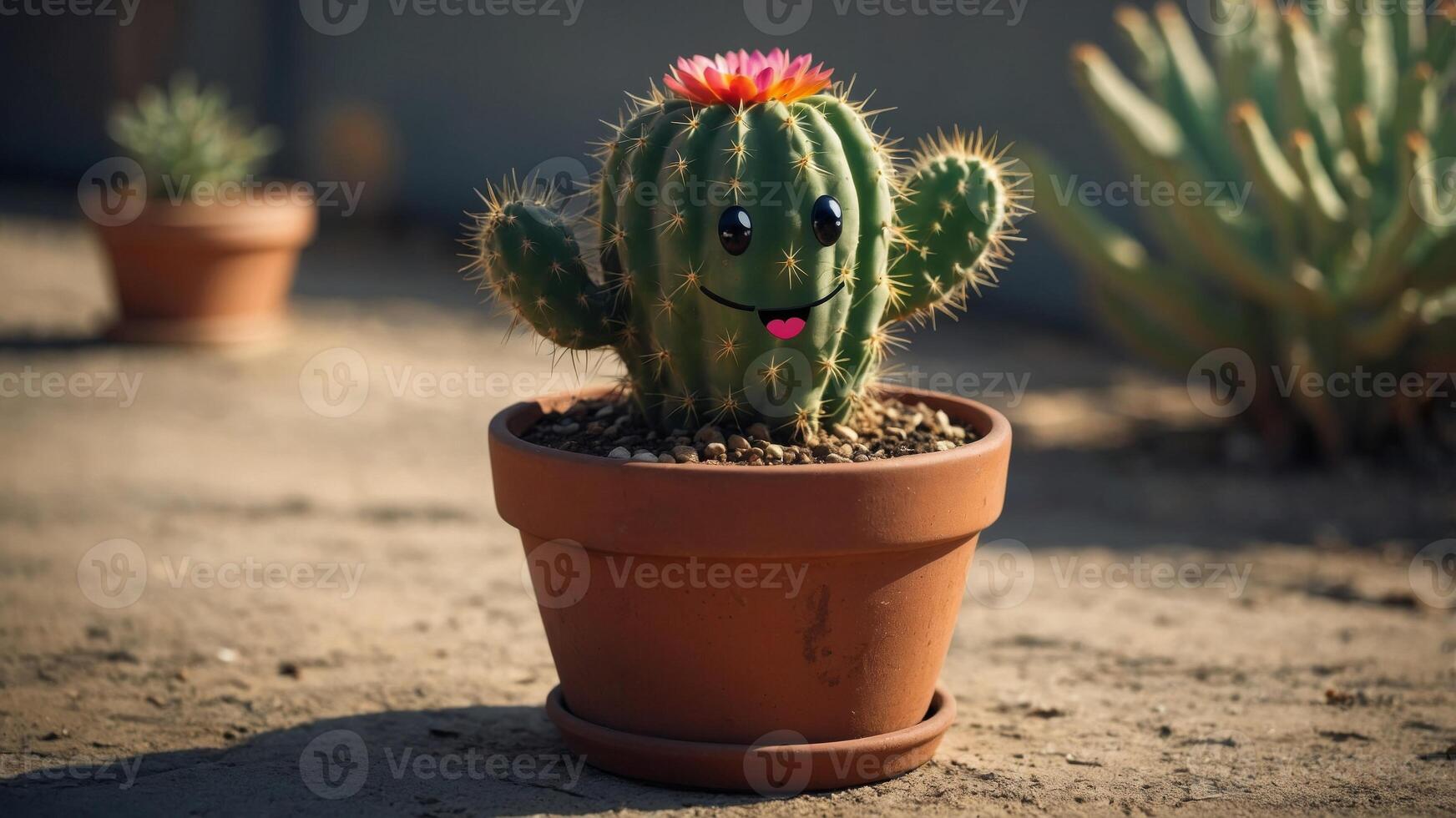 Cute happy smiling cactus in pot with question. photo